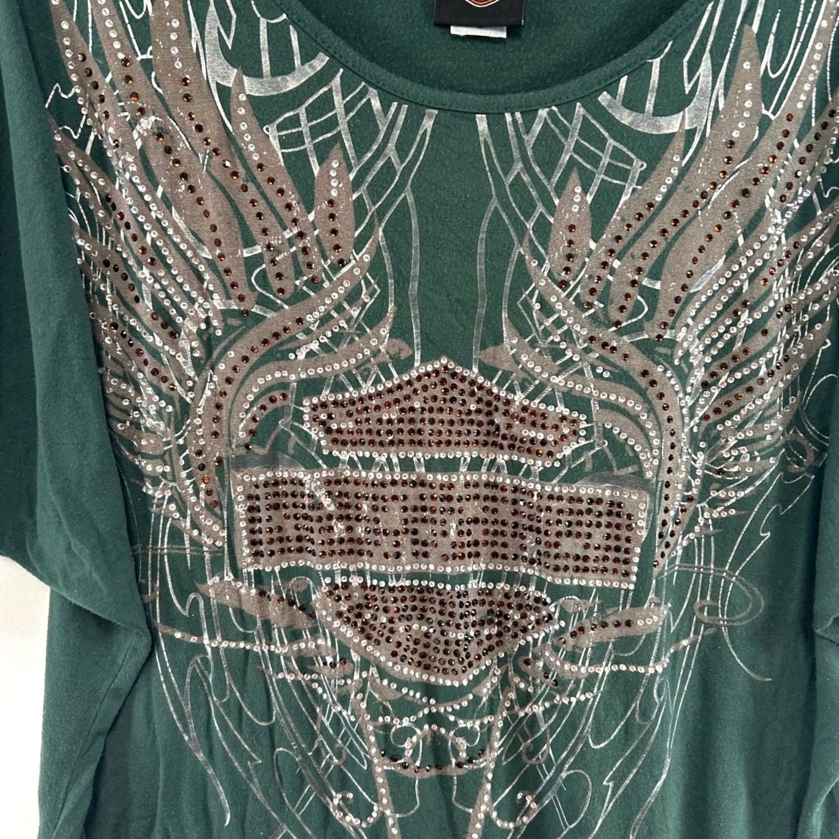 Harley Davidson Harley-Davidson Cold Shoulder Top Womens Medium Green Rhinestone Wing Graphic Size M / US 6-8 / IT 42-44 - 2 Thumbnail