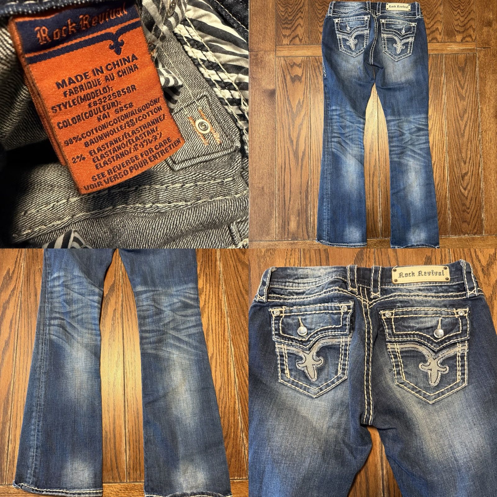 Vintage Rock Revival Kai Boot Jeans Womens Size 28 Blue Denim Bling Rhinestone Embroidered Thumb? Size 29" - 8 Thumbnail