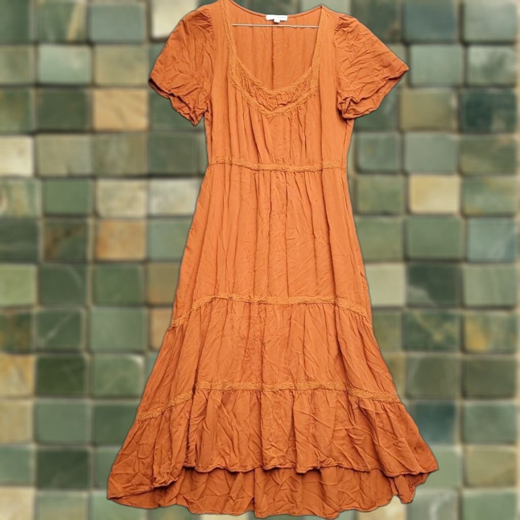 Born Baltic Born Women's Dress L Copper Orange Tiered Lace Trim Midi Rayon Dress Size L / US 10 / IT 46 - 1 Thumbnail