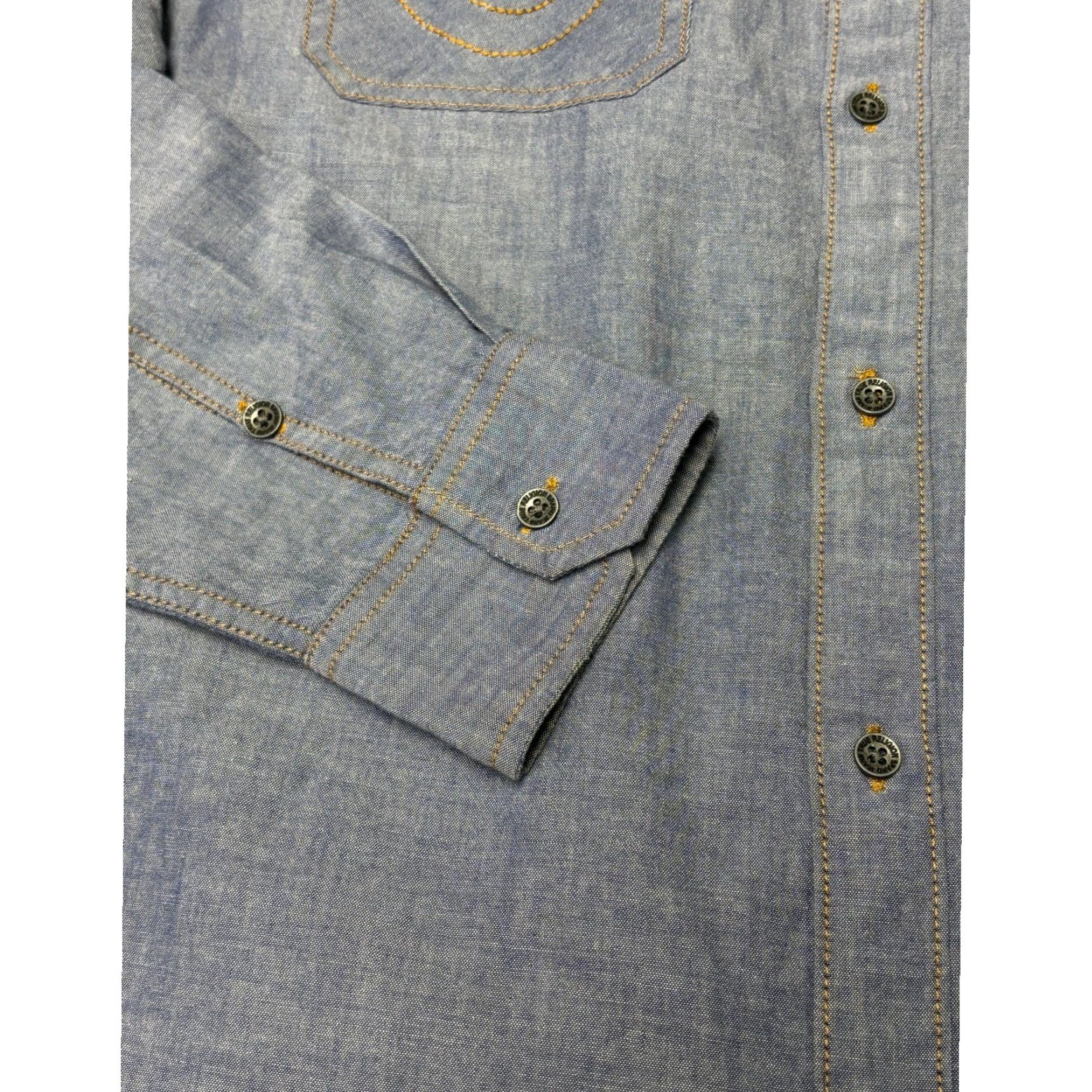 True Religion True Religion Mens XL Button-Down Shirt Chambray Blue Long Sleeve Chest Pockets Western Casual Workwear 47 in Chest, Regular Fit, Collared, Button-Up Size US XL / EU 56 / 4 - 3 Thumbnail