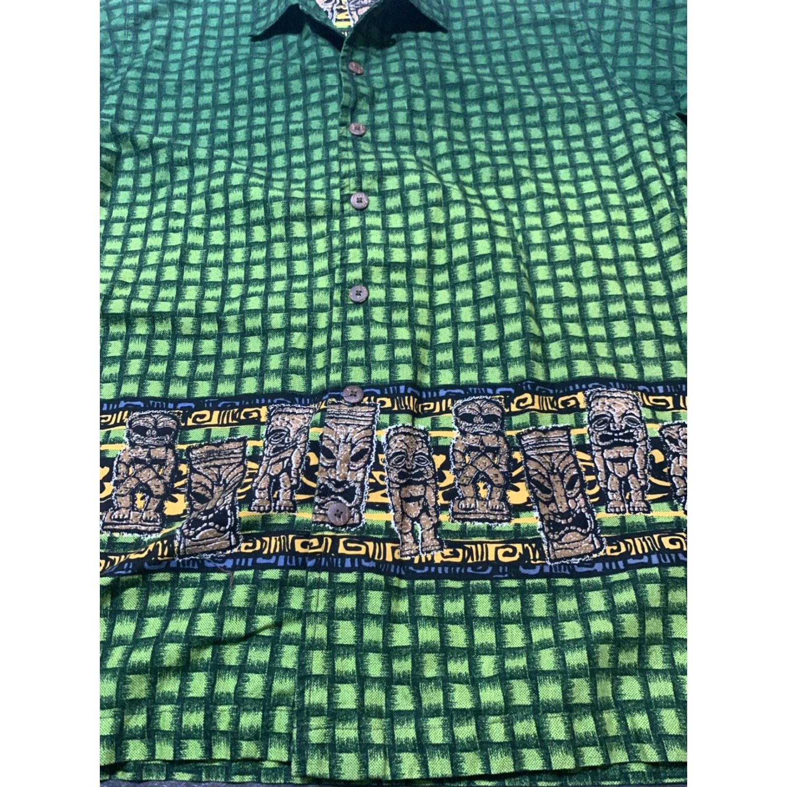 Vintage VINTAGE No Boundaries Hawaiian Shirt Mens Green Aztec Tribal Cotton Button-Up Short Sleeve Large Size US L / EU 52-54 / 3 - 3 Thumbnail