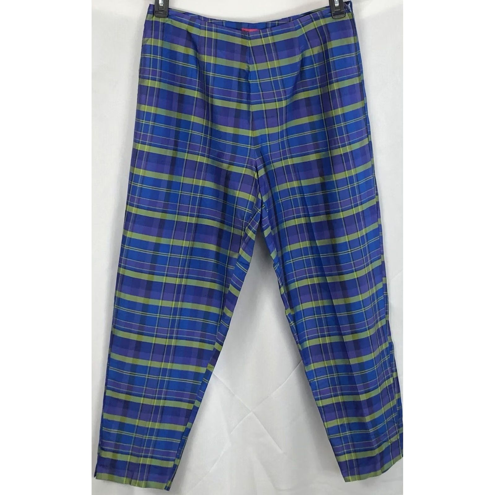 Vintage Sunny Leigh Pants Womens 12 Blue Silk Cropped Plaid Tapered Preppy Academia Size 34" / US 12 / IT 48 - 2 Thumbnail