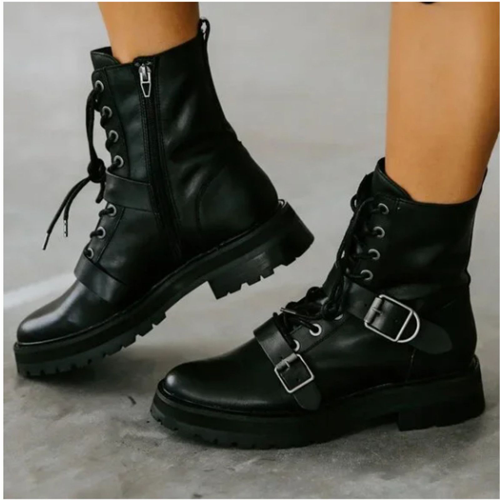 Dolce Vita Black Leather Ronson Lace Up Buckle Lug Sole 8.5 Shoes, Women's
