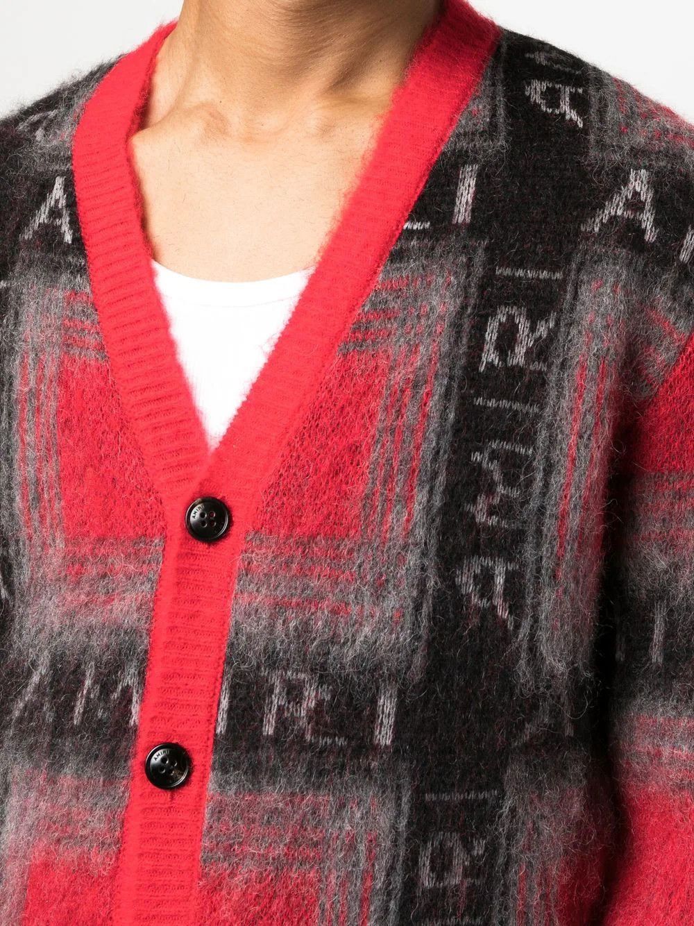 Amiri Red Check Brushed Mohair Intarsia Logo Cardigan Size US L / EU 52-54 / 3 - 3 Thumbnail