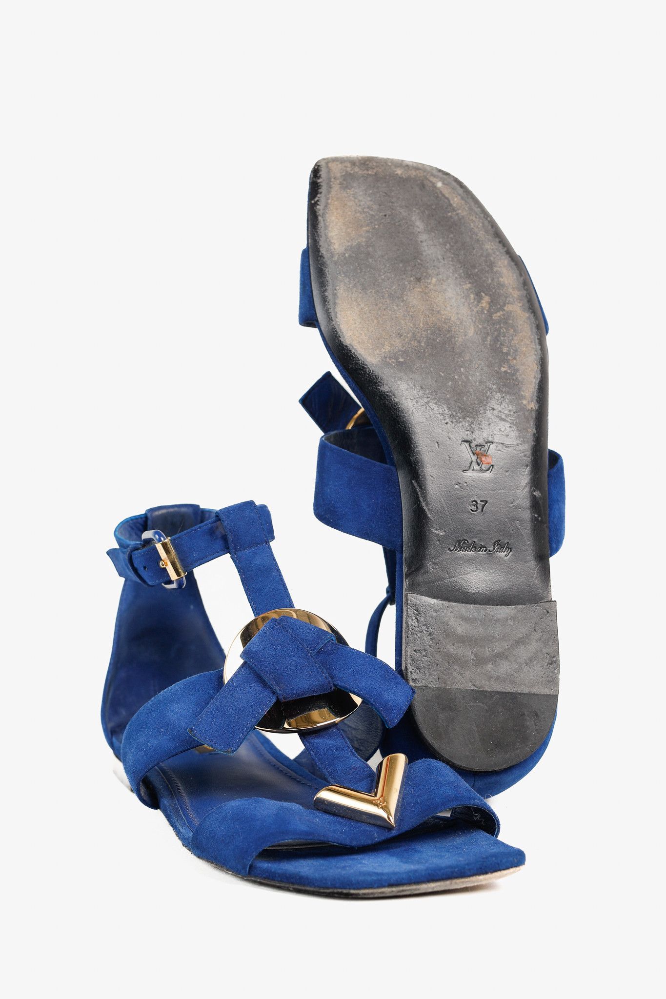 Louis Vuitton Louis Vuitton Gold-Medallion Blue Suede Knot Flat Sandals Size US 6.5 / IT 36.5 - 5 Thumbnail
