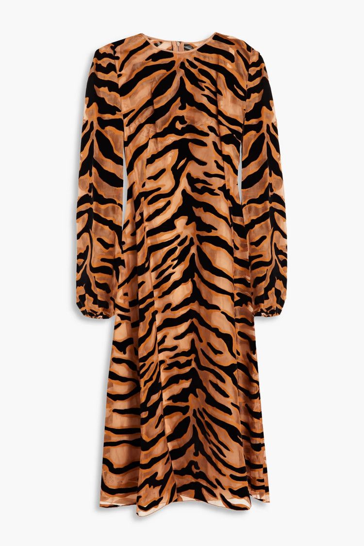 o1y0825 Tiger-Print Midi Dress in Camel/Black