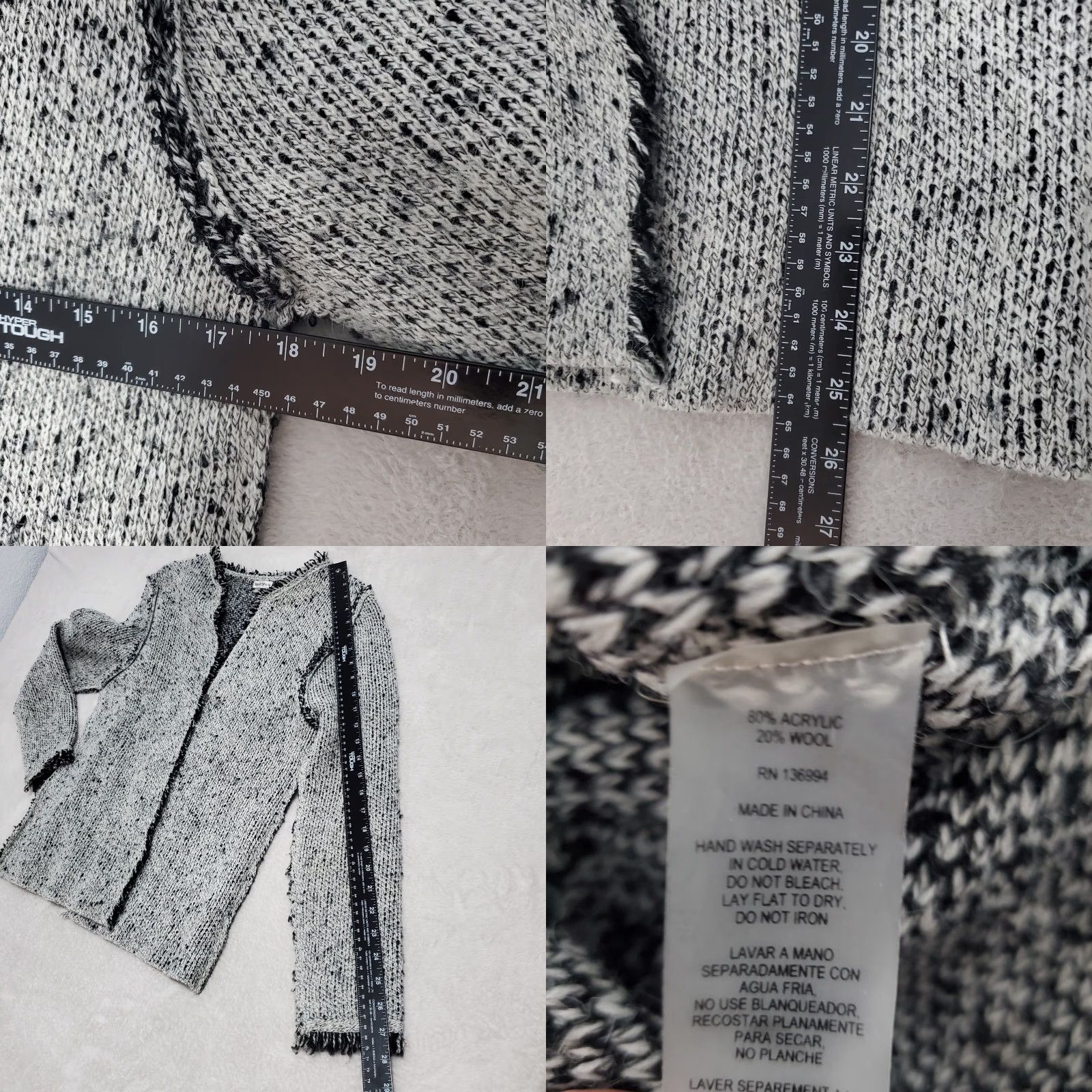 Vintage Sioni Cardigan Women L Gray Black Marled Wool Blend Eyelash Fringe Open Sweater Size L / US 10 / IT 46 - 8 Thumbnail