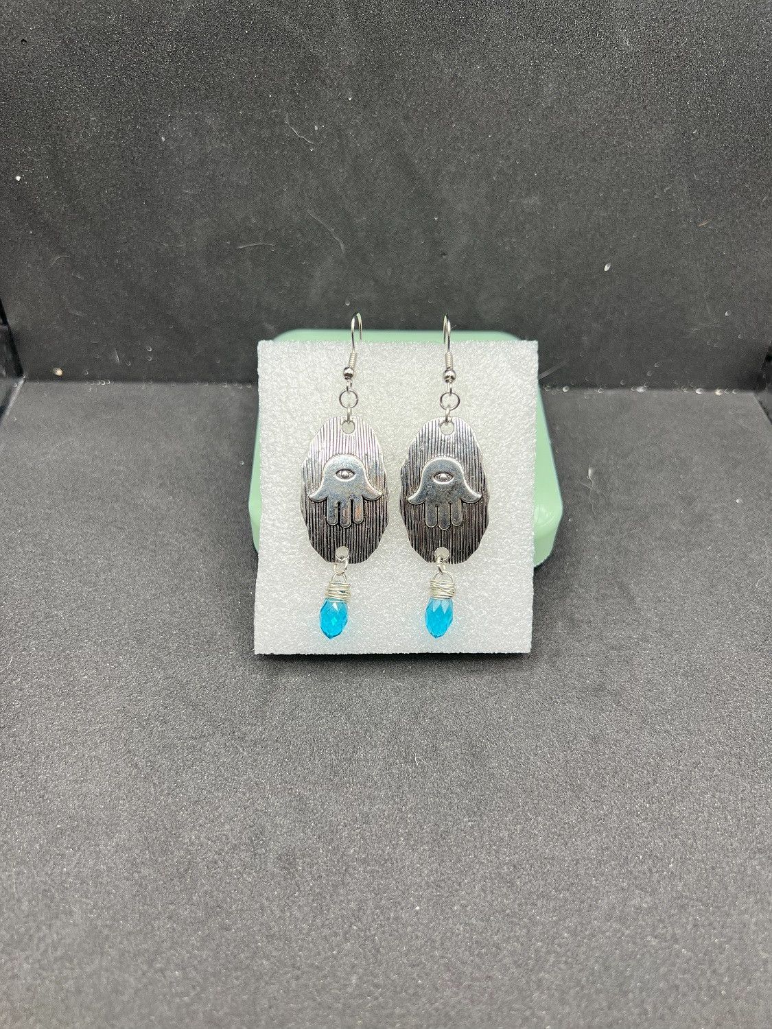 Handmade Hamsa Hand Dangle Earrings with Crystal Bead Size ONE SIZE - 1 Thumbnail