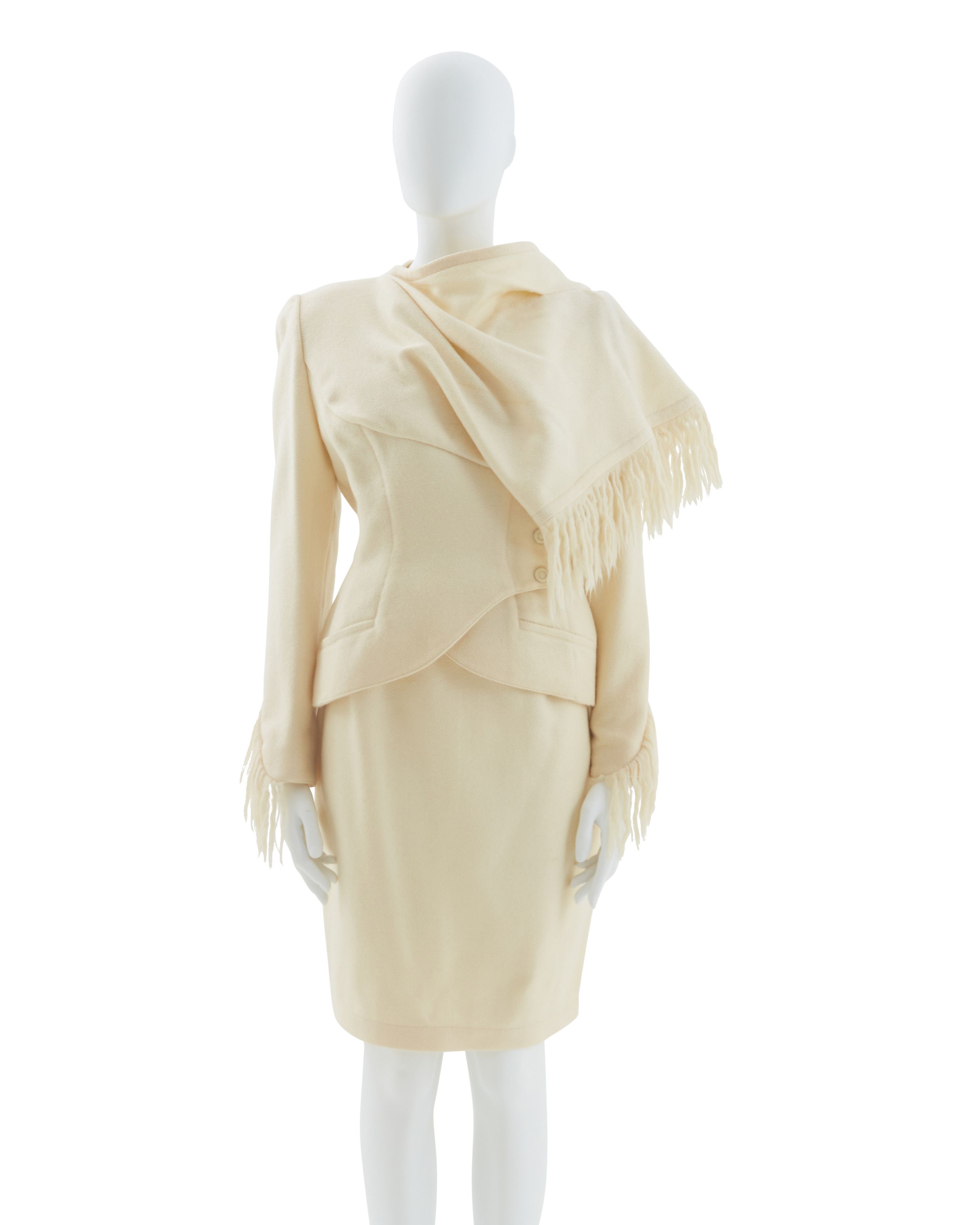 Thierry Mugler Off-white mohair fringe scarf collar jacket and skirt suit Size M / US 6-8 / IT 42-44 - 1 Thumbnail