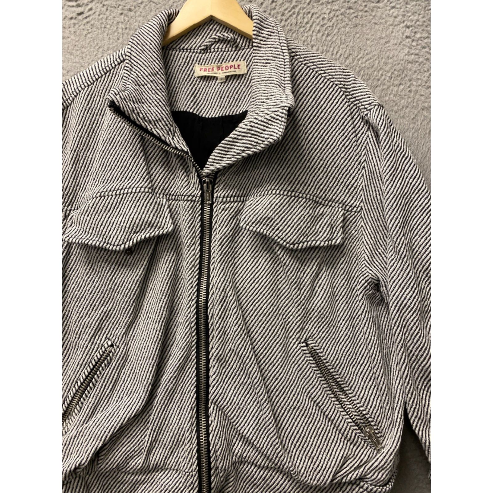 Free People Free People Jacket Zip Coat Womens L Black White Striped Cotton / Size L / US 10 / IT 46 - 3 Thumbnail