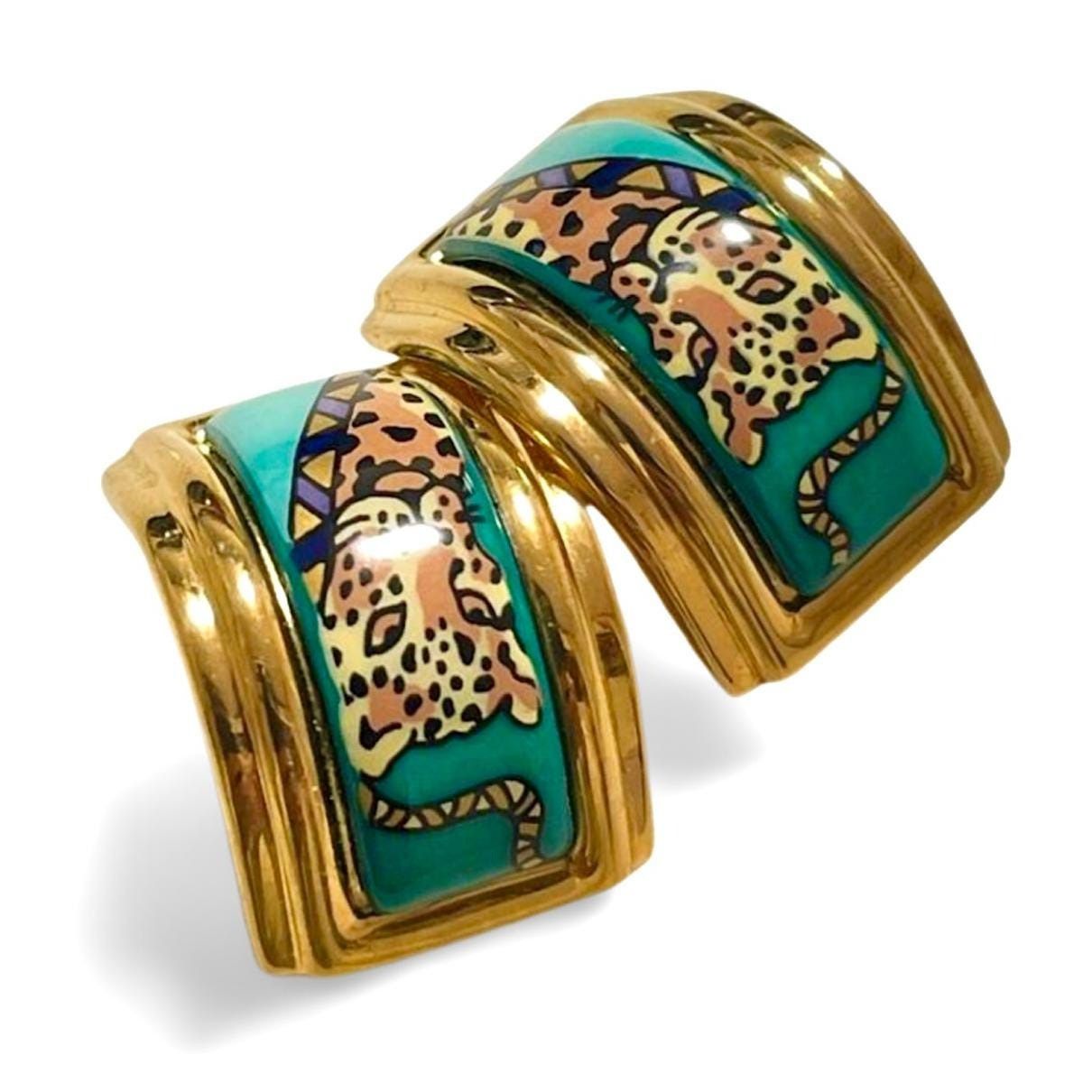 Hermes Vintage Hermes cloisonne enamel golden earrings with panther Size ONE SIZE - 9 Thumbnail