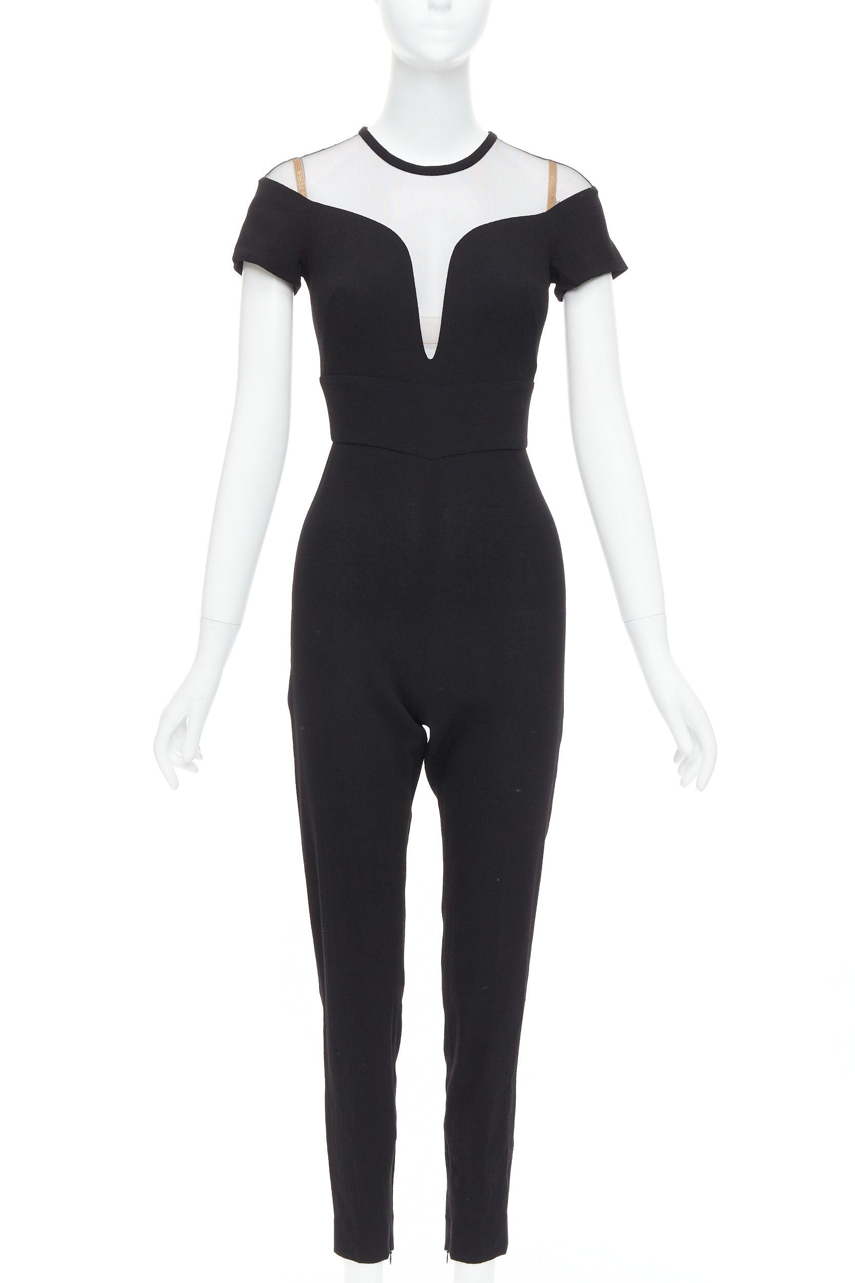 La Perla LA PERLA black crepe wool blend sheer plunge jumpsuit IT36D S Size 27" / US 4 / IT 40 - 1 Thumbnail