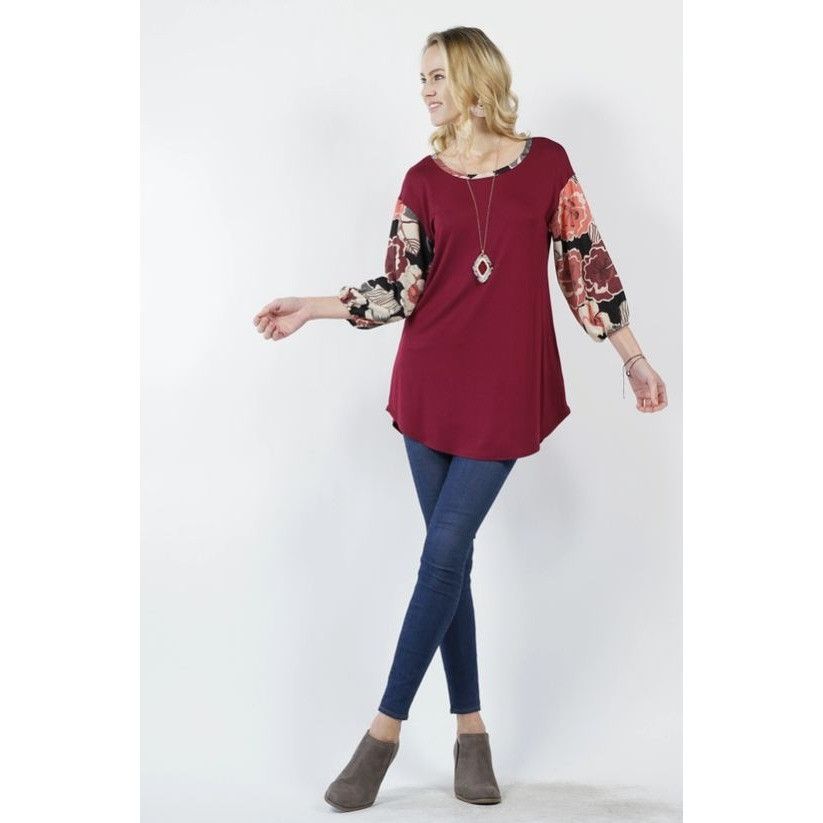 Other Floral Sleeve Wine Burgundy Tunic Top L/Grande Rayon/Spandex Size L / US 10 / IT 46 - 2 Thumbnail