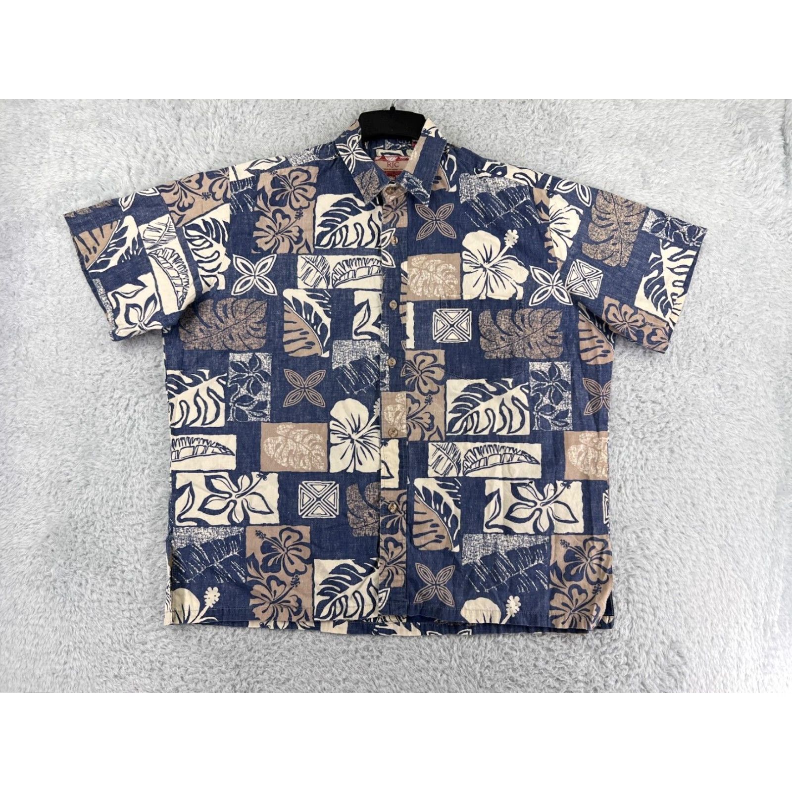 Vintage RJC Hawaiian Shirt Mens XL Blue Beige Button-Up Leaf Pattern Floral Resort Vacation Luau Aloha Beach Mens XL Blue Size US XL / EU 56 / 4 - 2 Thumbnail