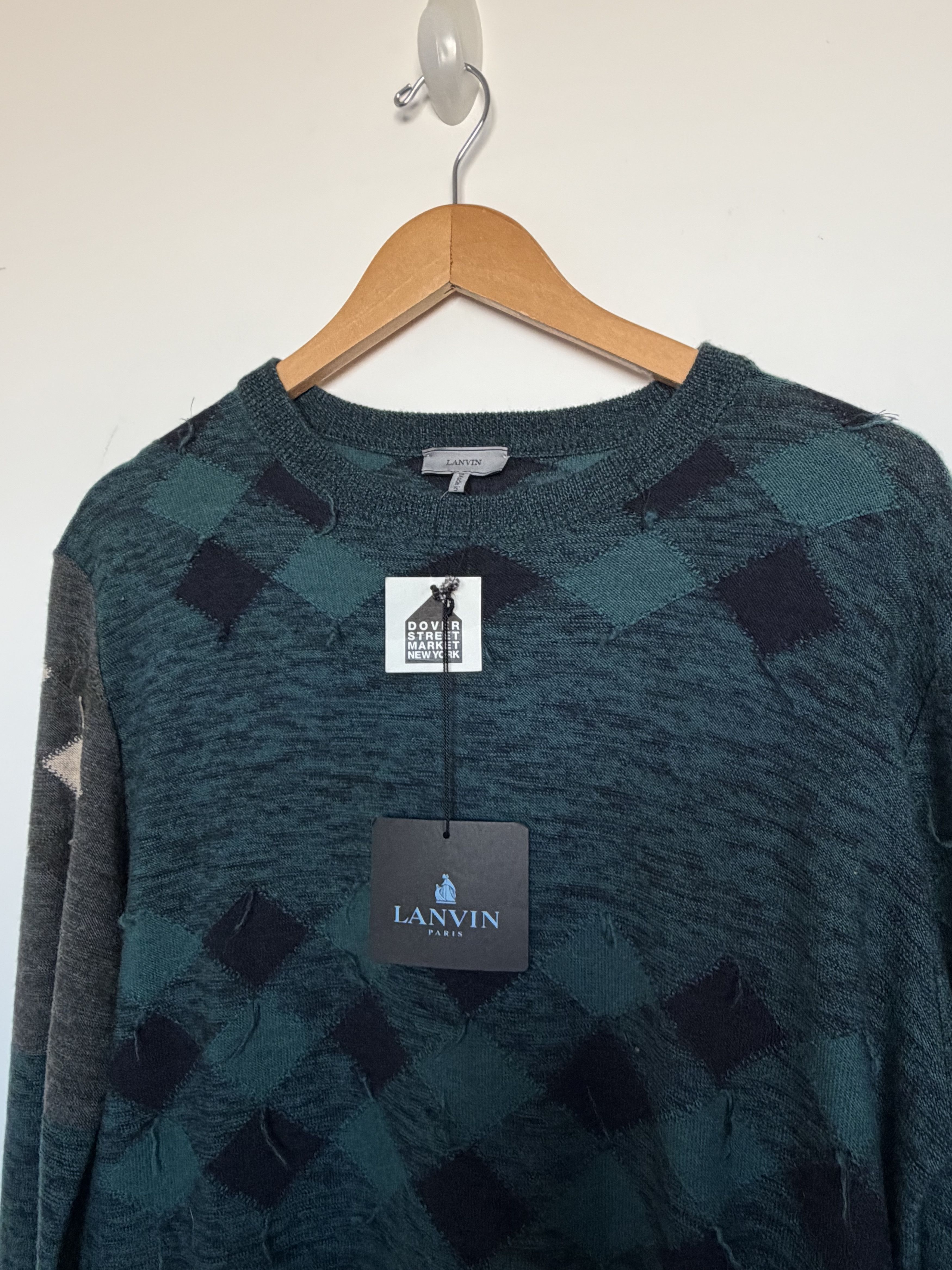 Lanvin Lanvin Distressed Argyle Patchwork Wool Sweater Green L Size US L / EU 52-54 / 3 - 1 Thumbnail
