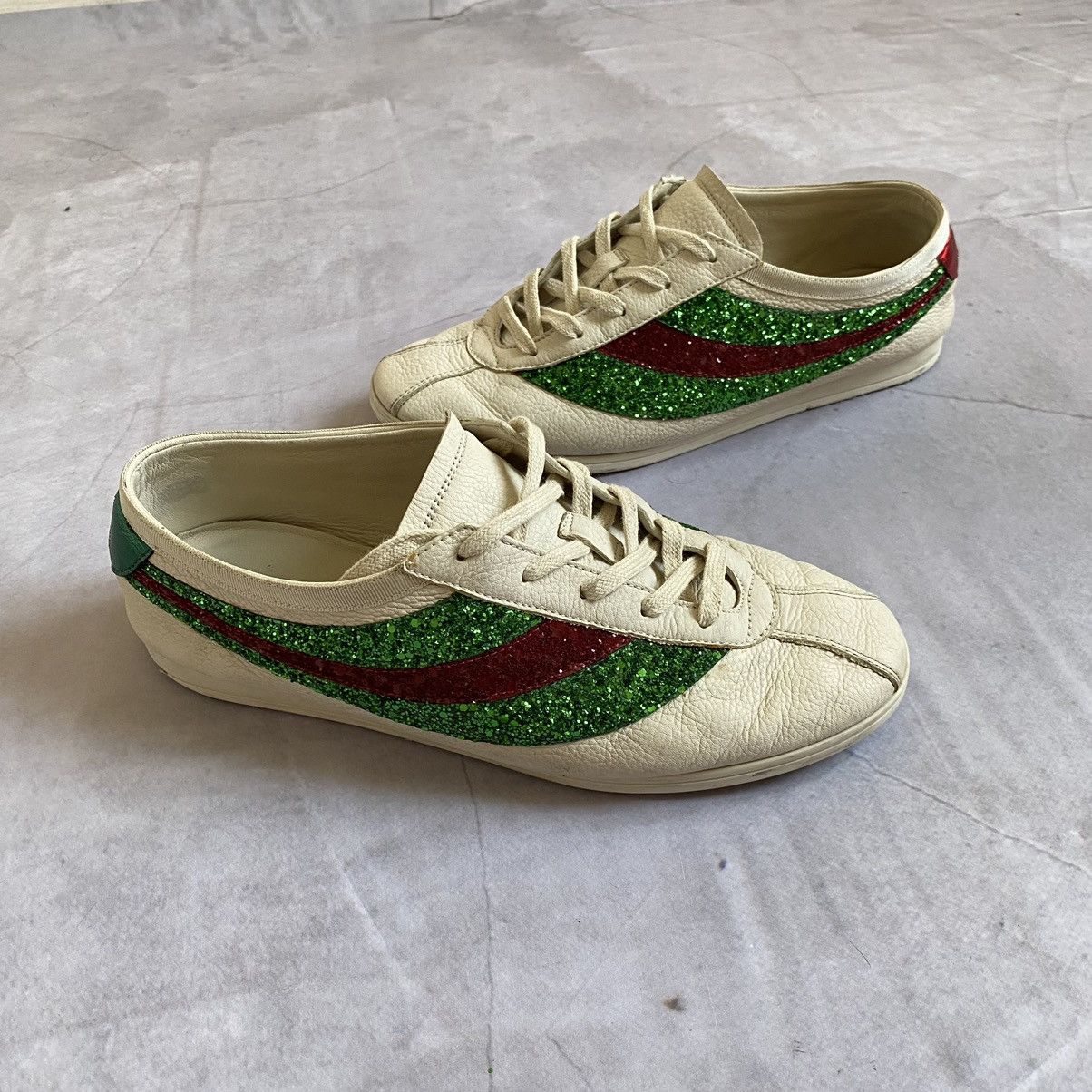 Gucci Falacer Rare Web Glitter Bee White Leather Shoes