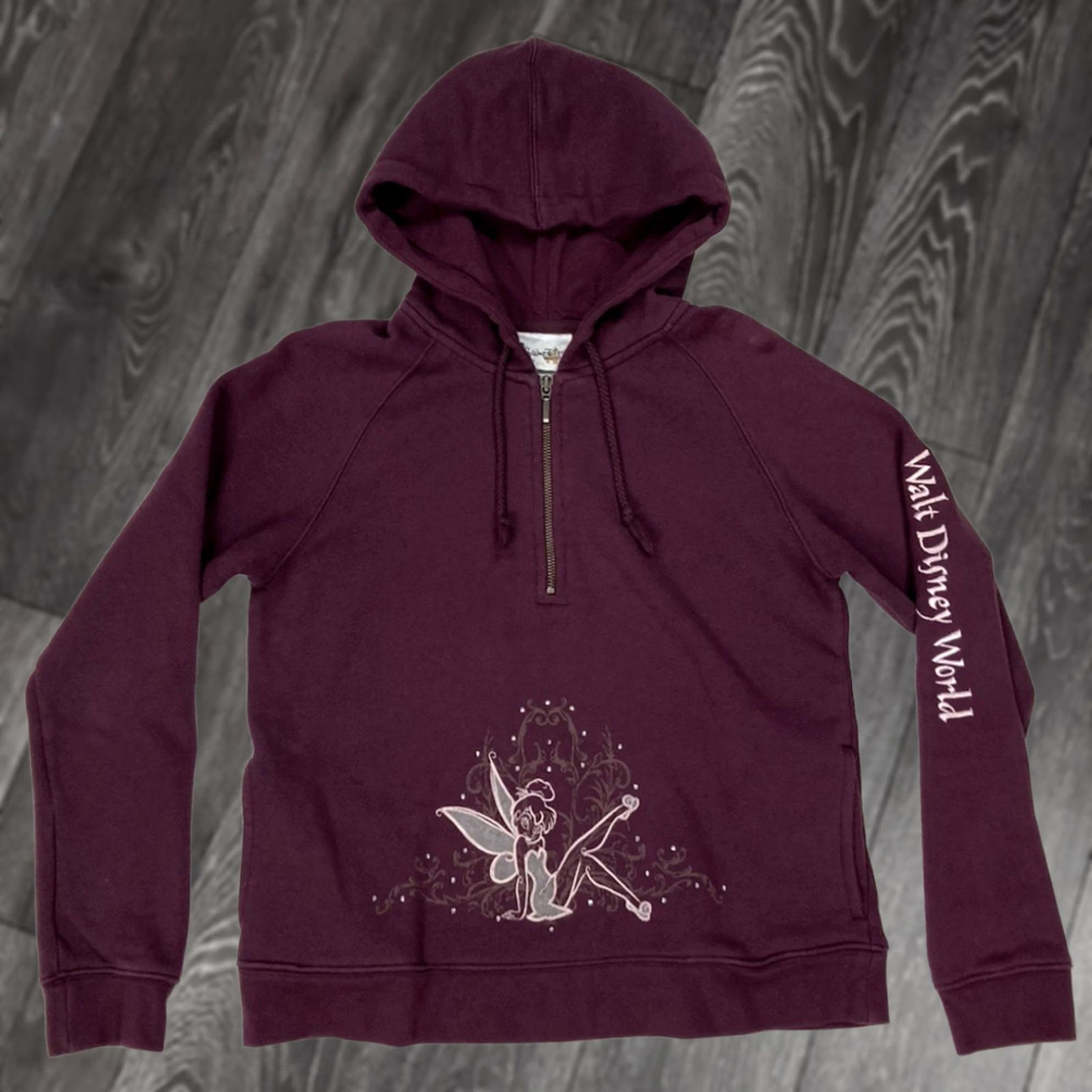 Disney VINTAGE Disney Tinker Bell 1/4 Zip Hoodie Women Small Burgundy Rhinestone VTG Shirt Size S / US 4 / IT 40 - 1 Thumbnail