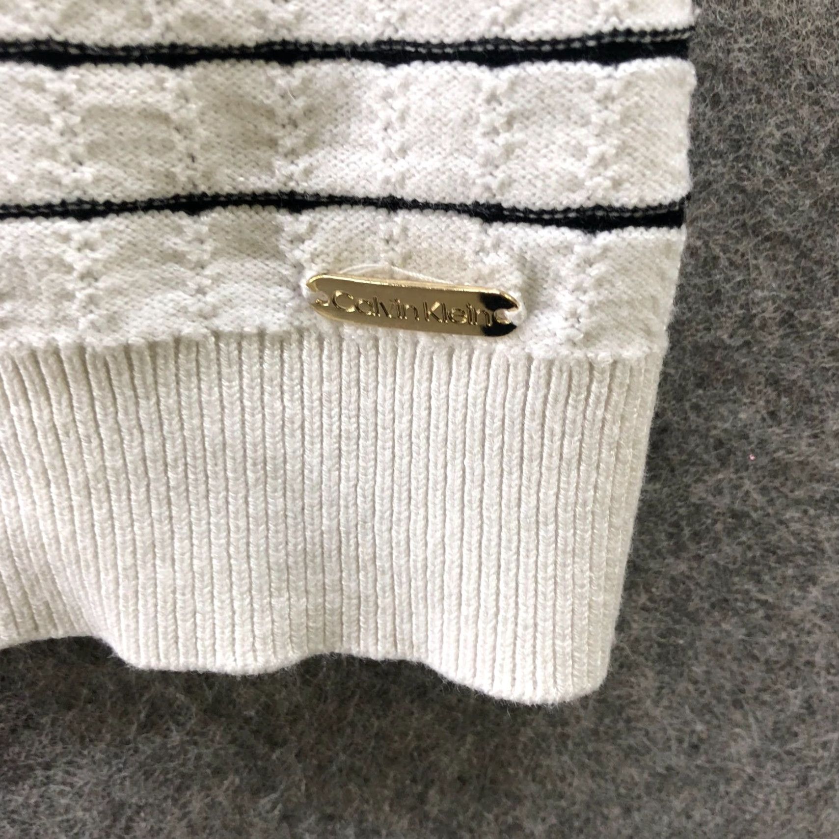 Calvin Klein Calvin Klein Crewneck Sweater Womens L White Black Stripe Stretch Lightweight Pullover Knit Casual Winter Fall Crew Neck Regular Fit Size L / US 10 / IT 46 - 5 Thumbnail
