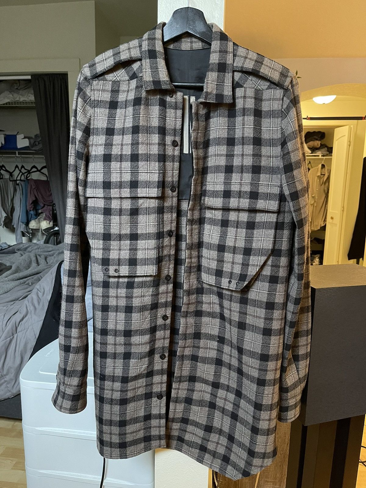 image of Rick Owens Wool Plaid Field Shirt Sample Fw16 Mastodon in Brown Plaid, Men's (Size Small)