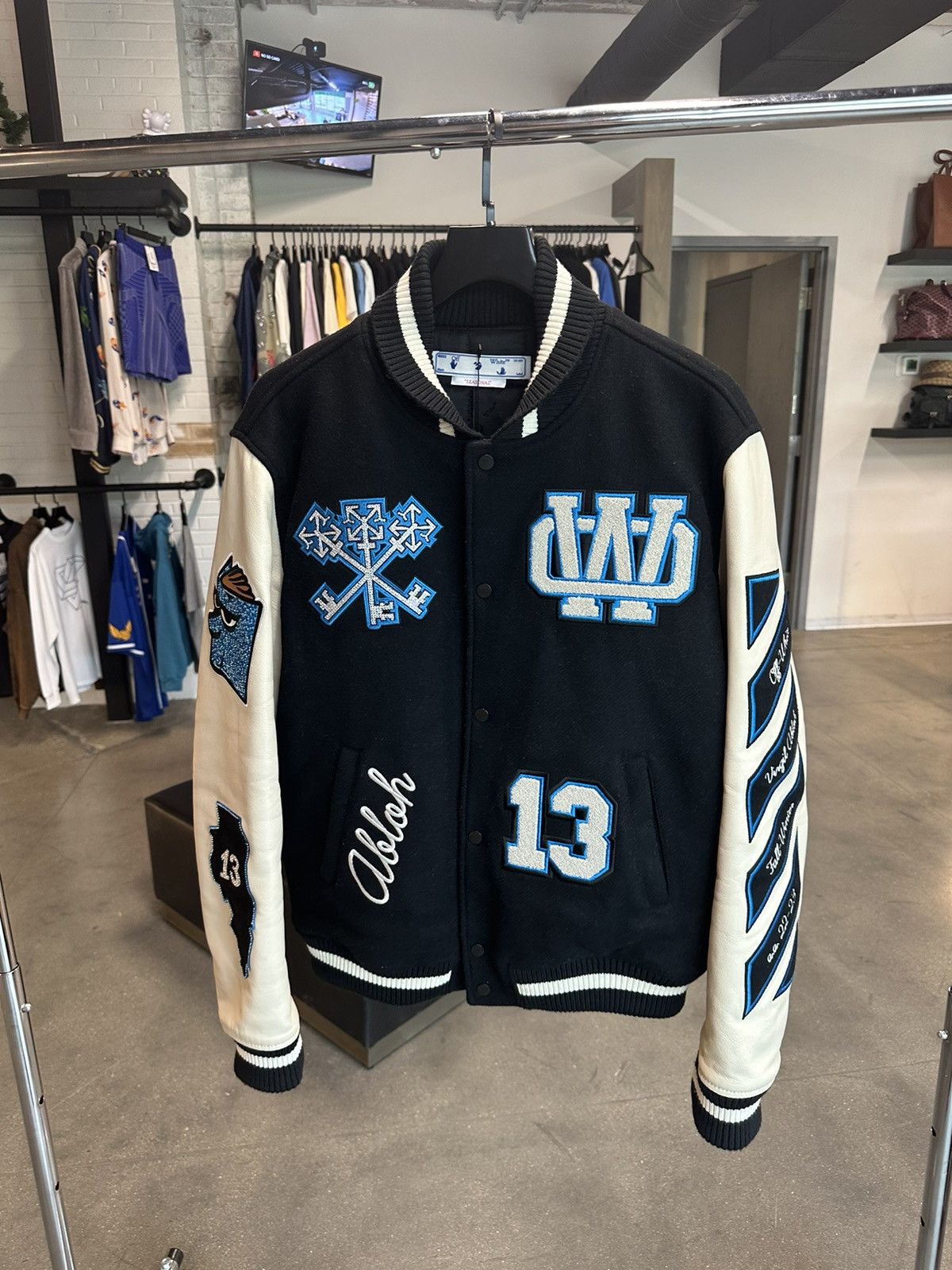 Off-White OFF-WHITE Witch Logo Patch Varsity Varsity Jacket Off-White OFF-WHITE Witch Logo Patch Varsity Varsity Jacket