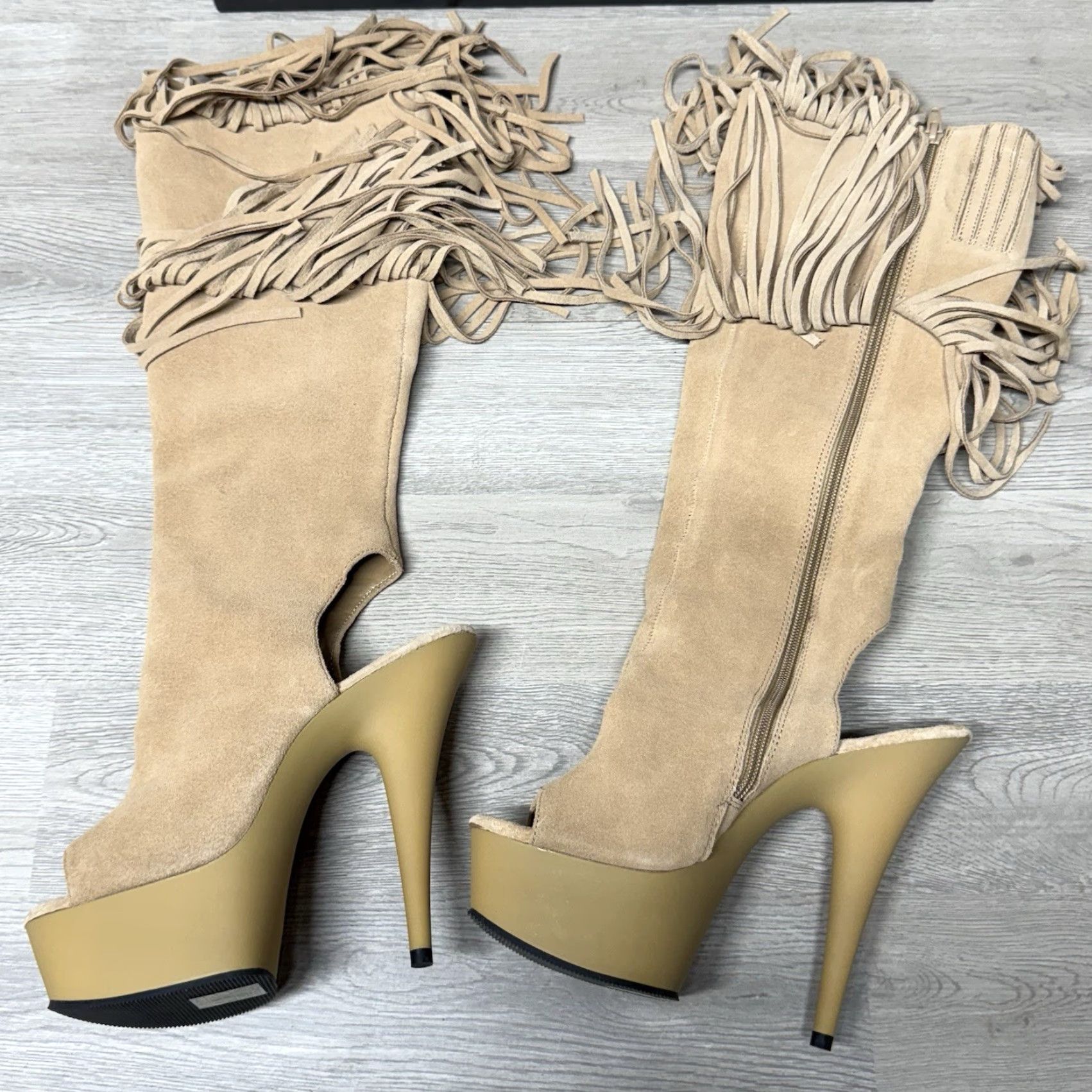 Pleaser Pleaser Delight-2019 Fringe Knee High Open Toe Platform Heels Tan Suede 8M Boots Womens Size US 8 / IT 38 - 3 Thumbnail