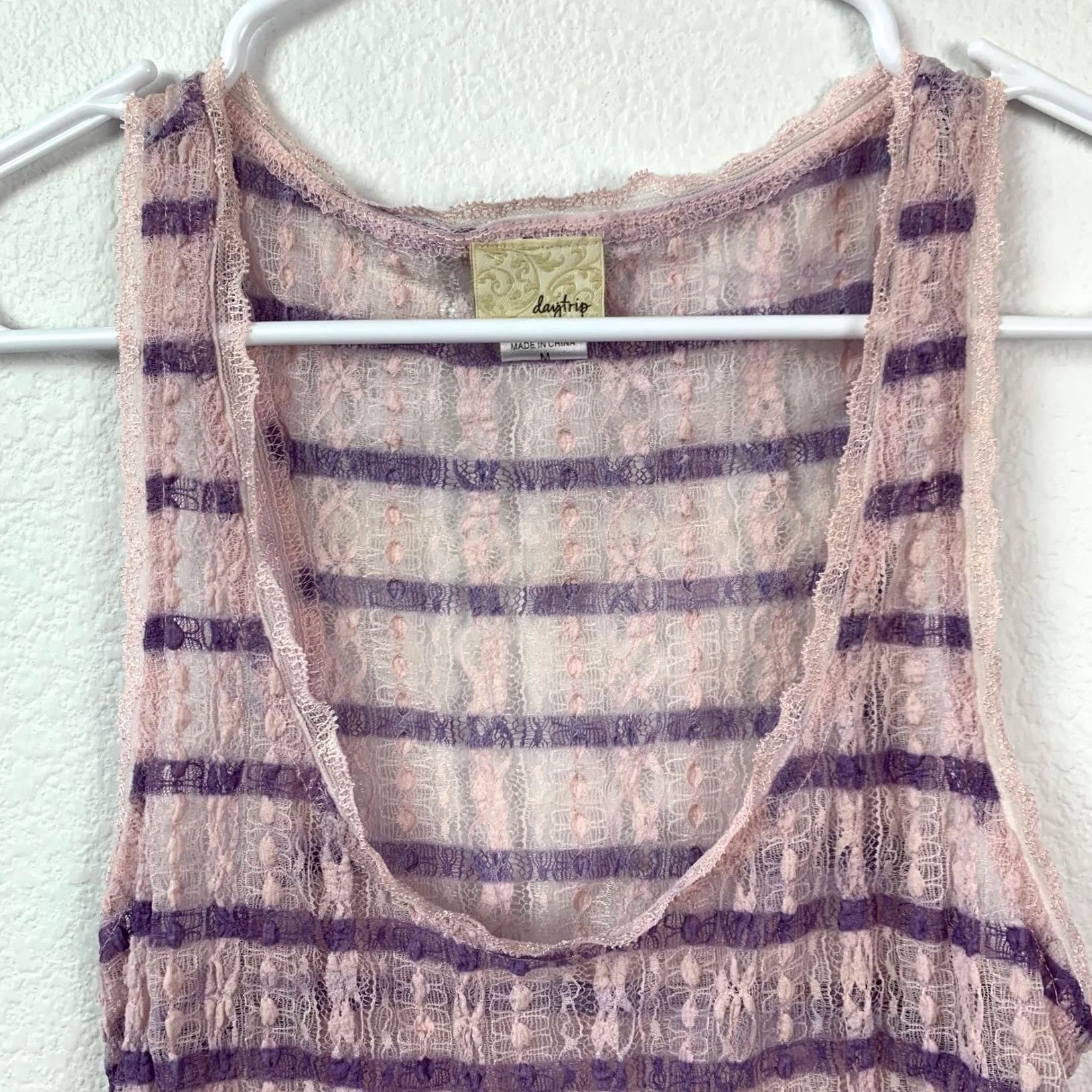 Vintage Daytrip Sheer Lace Tank Top M Pink Striped Coquette Soft Girl Feminine Shirt Womens Size M / US 6-8 / IT 42-44 - 3 Thumbnail