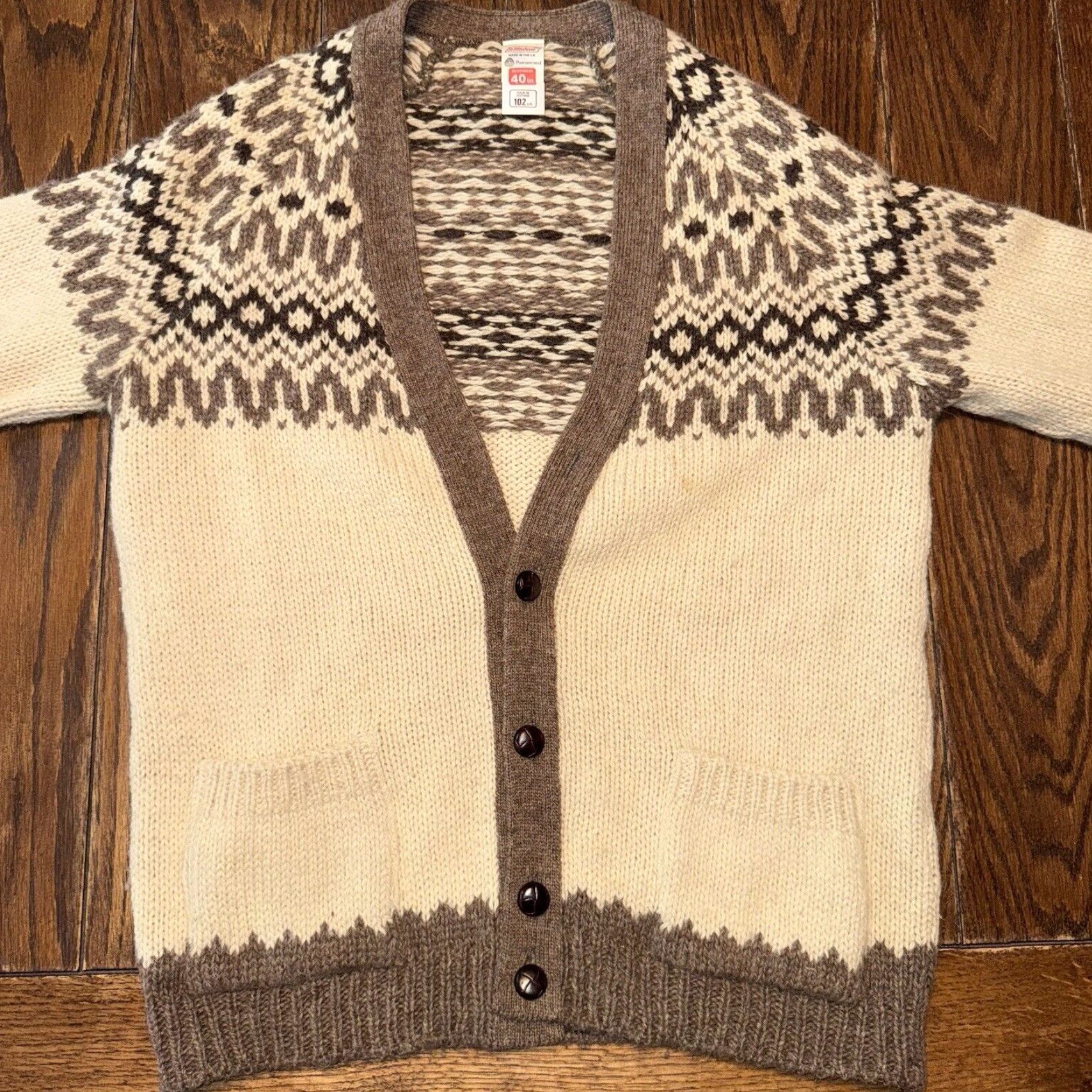Vintage VINTAGE St Michael Cardigan Pure New Wool Mens Large Size L Fair Isle Ivory UK Jumper Cardigan with Pockets Size US L / EU 52-54 / 3 - 2 Thumbnail