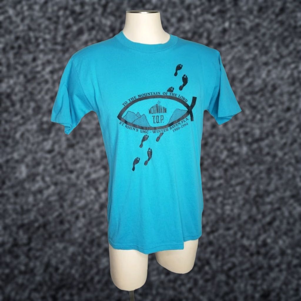 Jerzees VINTAGE Jerzees T-Shirt Men L Jesus Christ Follow Me Mark 1:17 Double Sided USA Blue Cotton Crew Neck Short Sleeve 90s Religion Mens Size US L / EU 52-54 / 3 - 1 Thumbnail