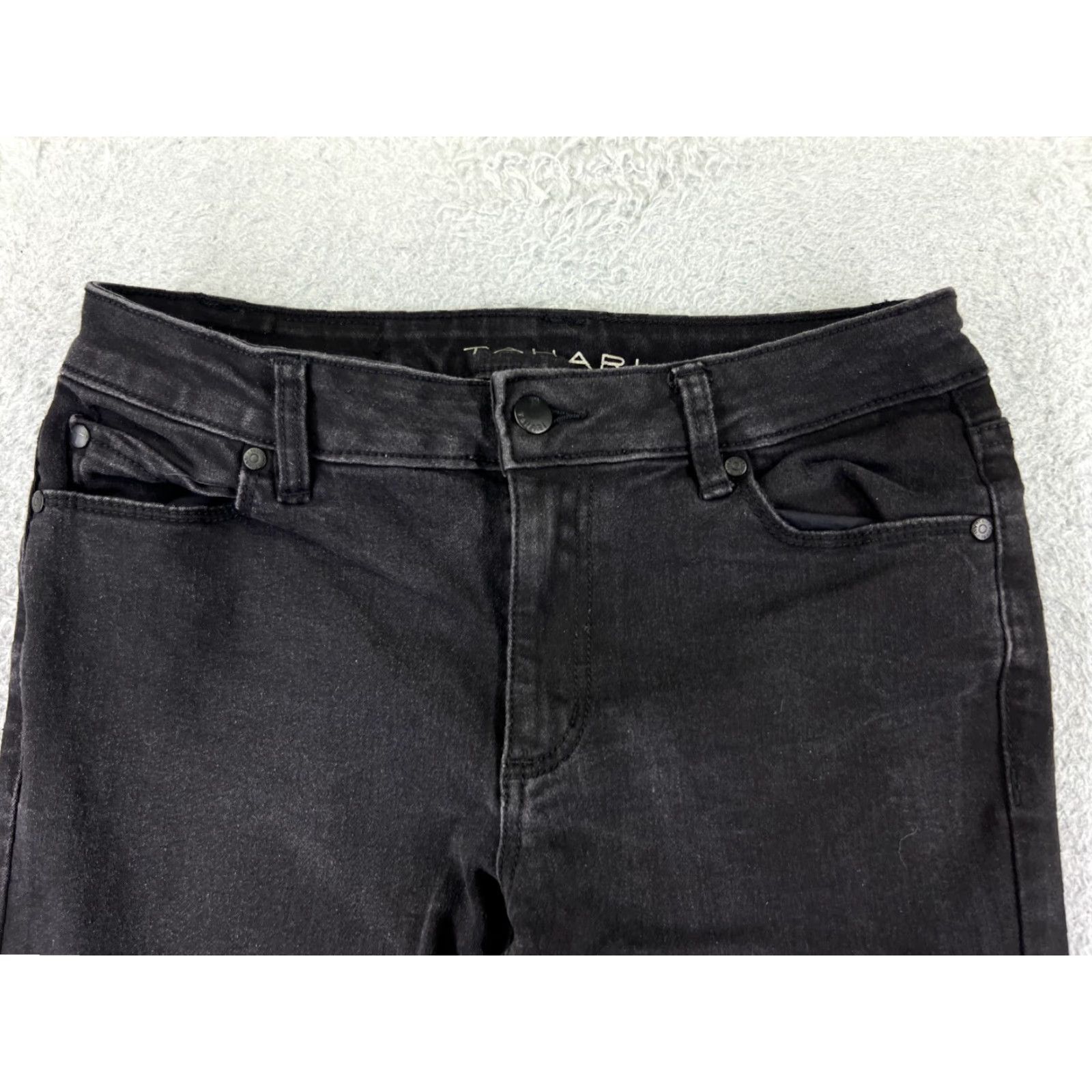 Vintage Tahari Jeans Womens 6 Black Denim Tapered Cotton Blend Mid Rise 26x25 Regular Inseam 25 in 5-Pocket Zipper Distressed Crop Stretch Vintage No Size 28" / US 6 / IT 42 - 4 Thumbnail