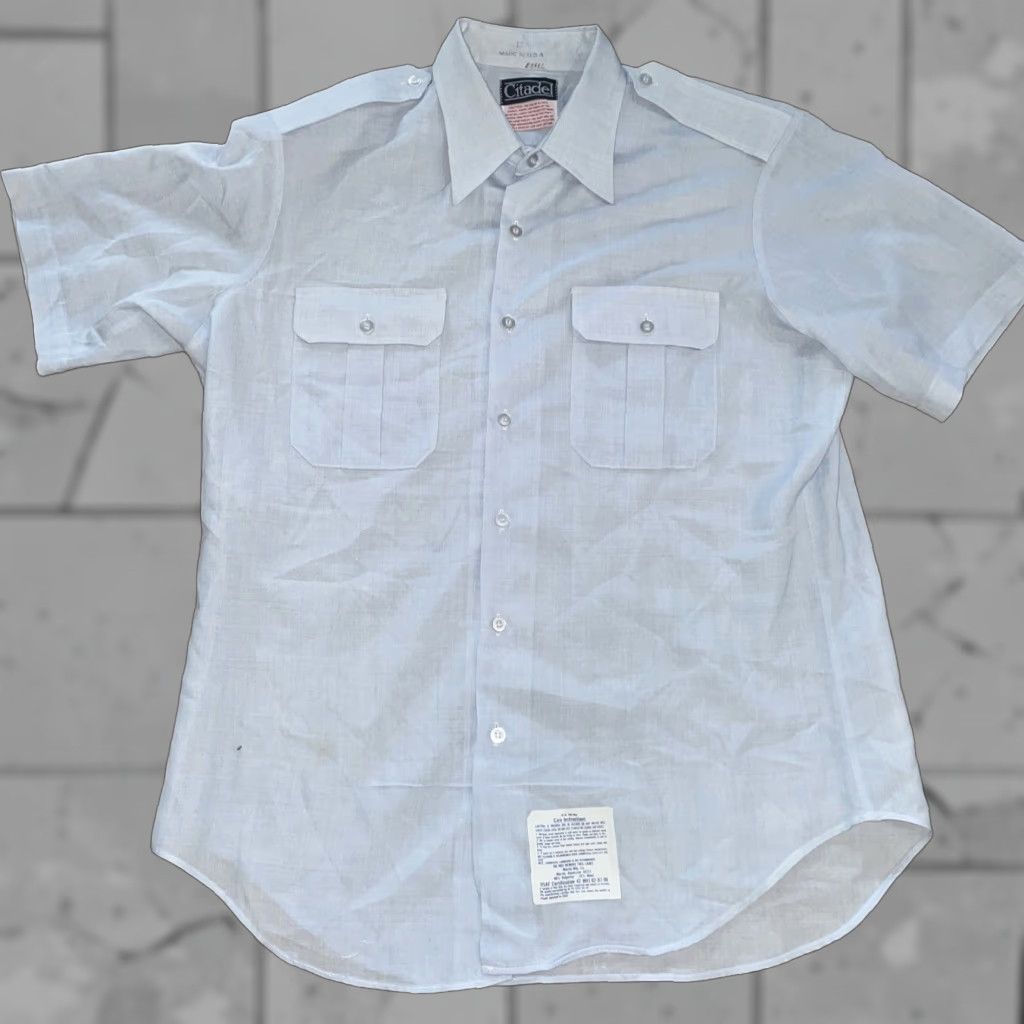 Vintage VTG Citadel Military Style Button-Down Shirt Polyester Wool Blend Mens Size 17 Blue Short Sleeve Button-Up Shirt Mens 17 Military VTG Citadel Size US XL / EU 56 / 4 - 1 Thumbnail