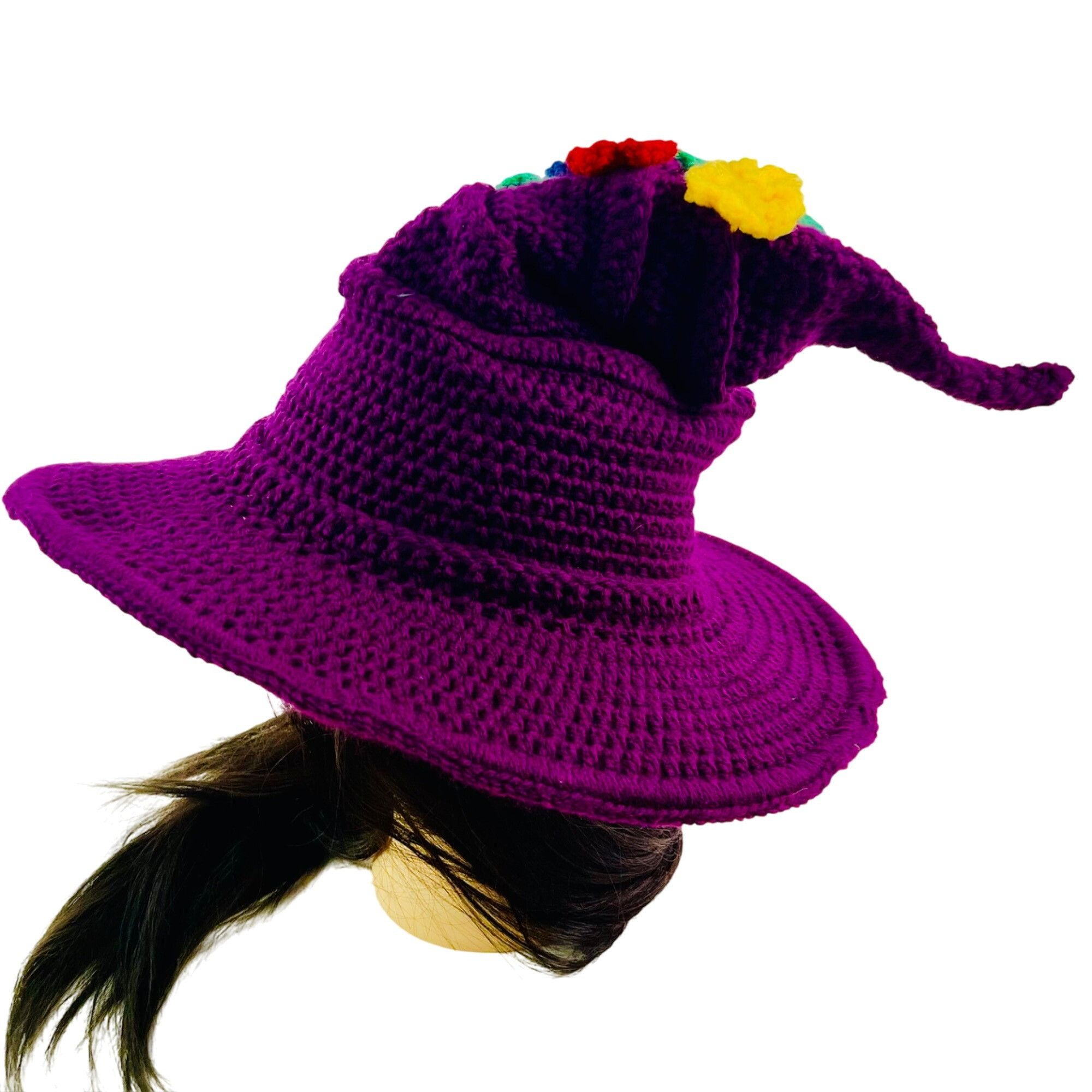 Handmade Crochet Witch Wizard Hat Purple w/ Red Orange Yellow Green B Size ONE SIZE - 2 Thumbnail