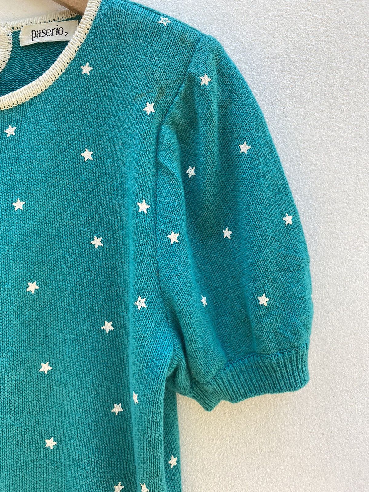 Vintage Paserio Teal Puff Sleeve Knit Top with Star Pattern Size S / US 4 / IT 40 - 19 Thumbnail