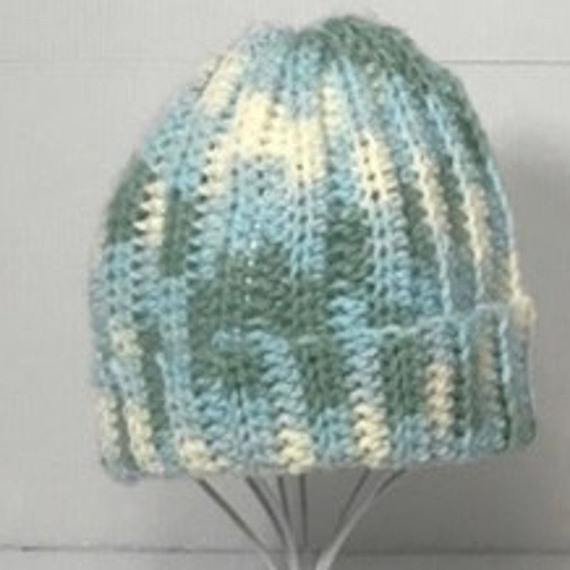 Handmade NWT Handmade Crocheted Blue Cream Green Beanie & Scarf 46” Size ONE SIZE - 2 Thumbnail