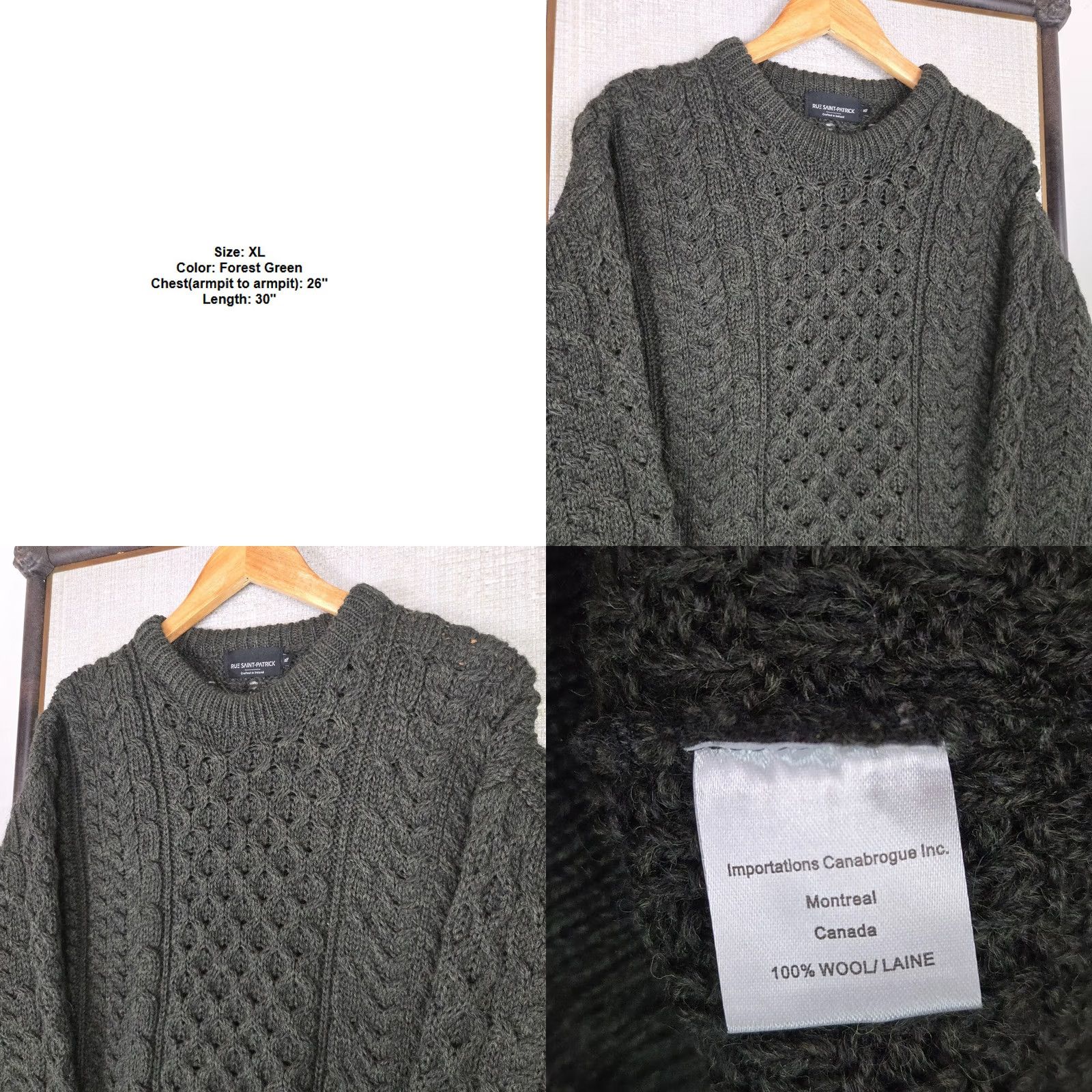 Vintage Rue Saint Patrick Mens XL Open Fisherman Knit Crew Neck Sweater 100% Wool Forest Green Size US XL / EU 56 / 4 - 8 Thumbnail