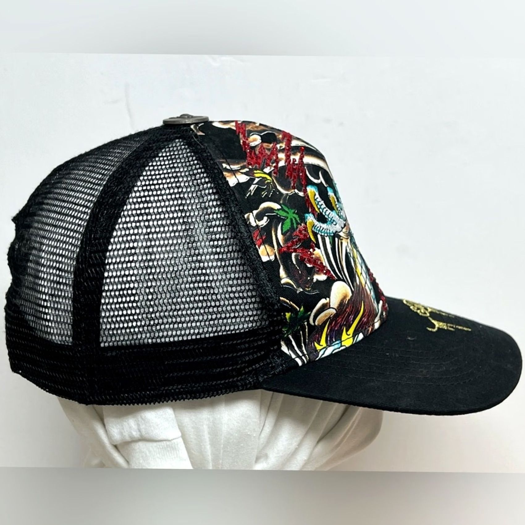 Ed Hardy Ed Hardy Black Trucker Cap Snapback Hat - Dragon Studded Bling Embroidered - Mens One Size Size ONE SIZE - 2 Thumbnail