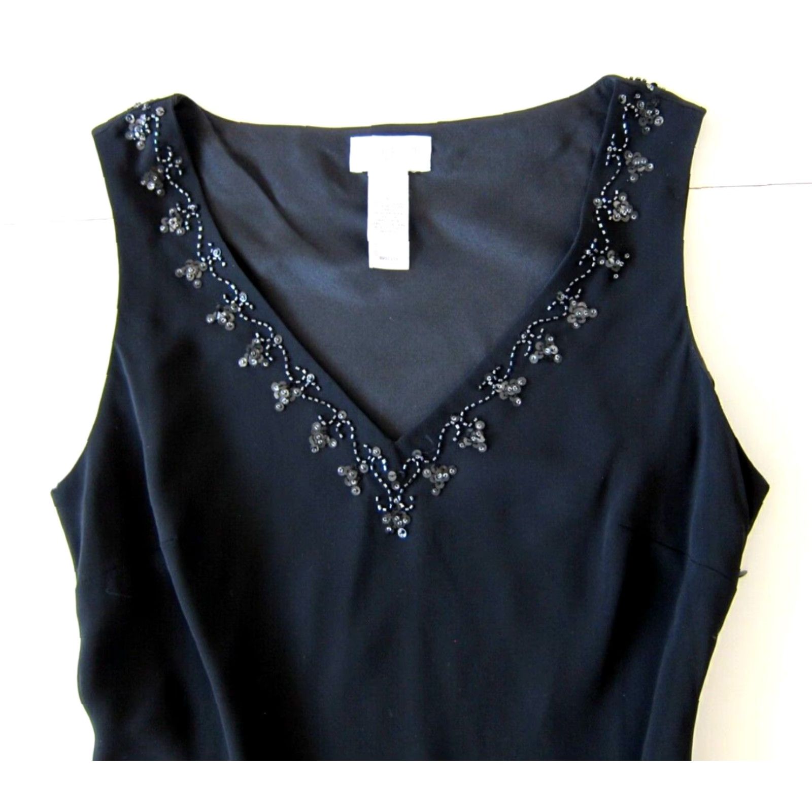 Liz Claiborne VINTAGE Liz Claiborne Black Satin Beaded Sleeveless Sheath Tank Party Cocktail Dress 6 Size M / US 6-8 / IT 42-44 - 5 Thumbnail