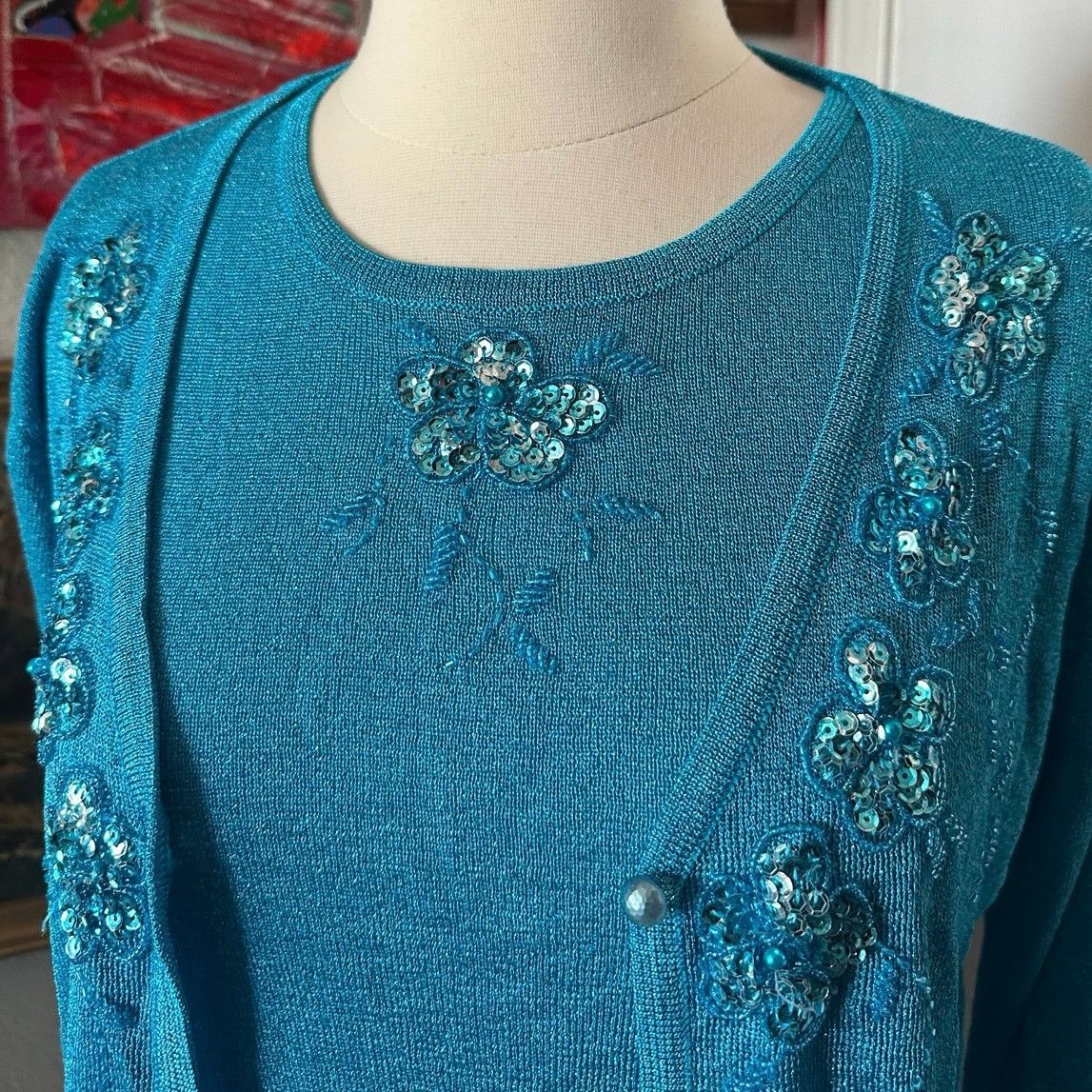 Other no brand blue floral beaded tank top cardigan set Size S / US 4 / IT 40 - 3 Thumbnail