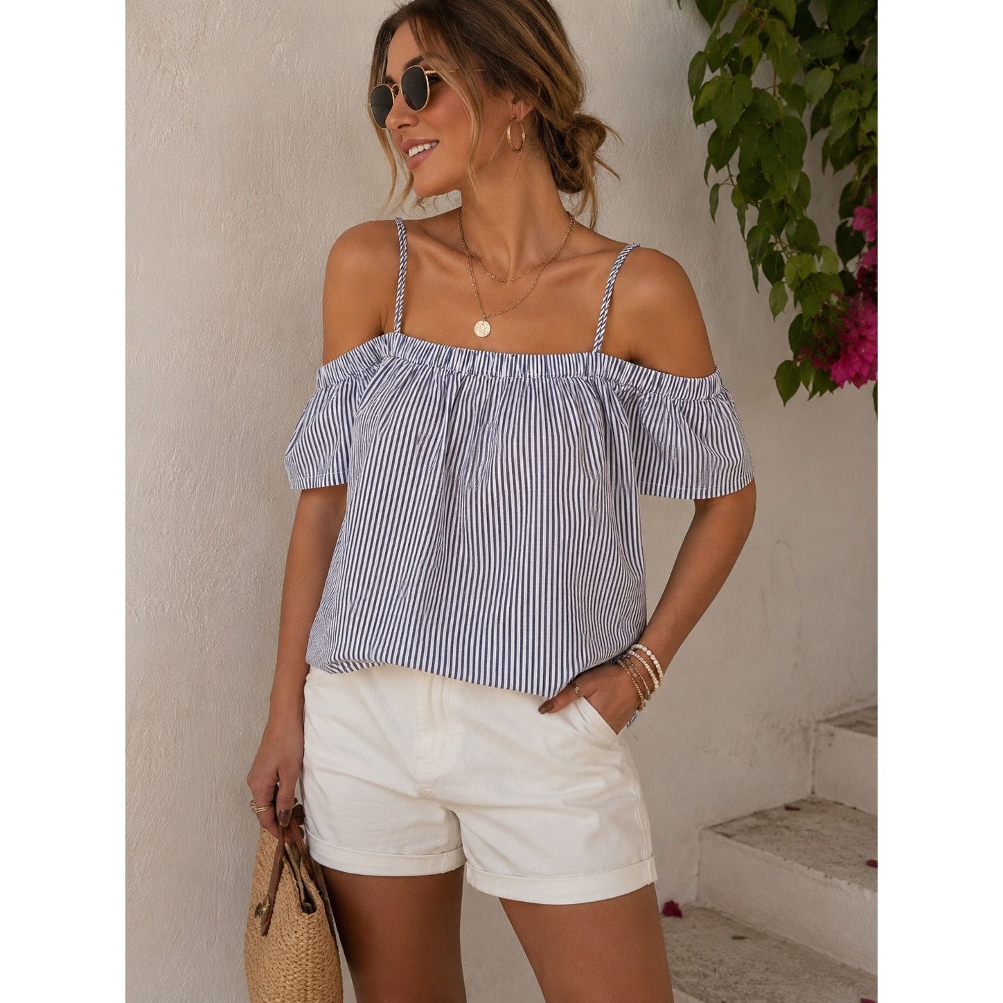 Saks Fifth Avenue Saks Fifth Avenue Stripe Off Shoulder Cold Shoulder Blouse,S Size S / US 4 / IT 40 - 1 Thumbnail