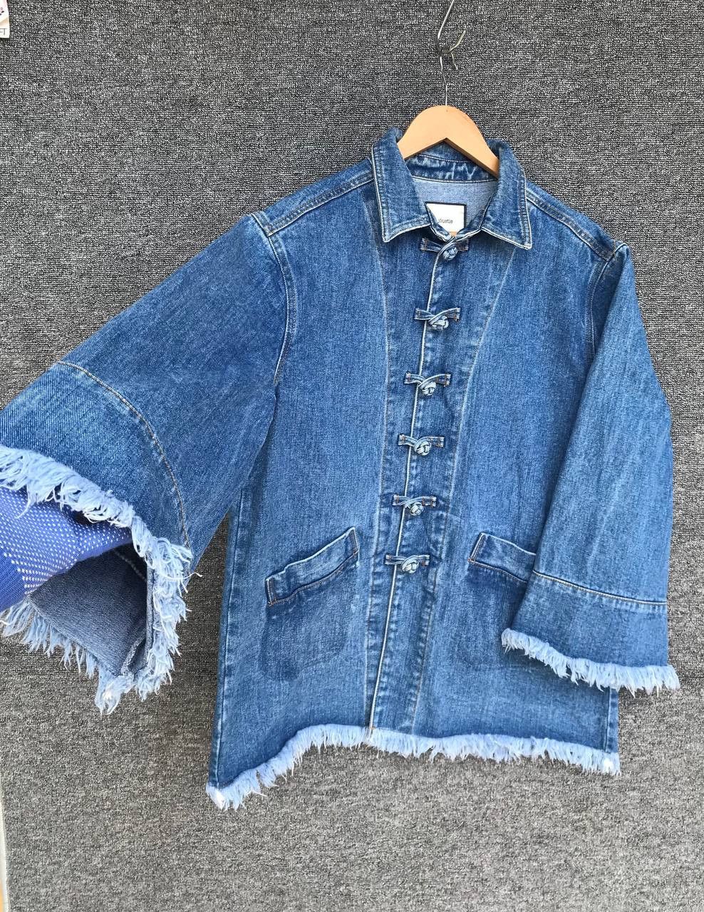 image of Distressed Denim x If Six Was Nine Jouetie Denim Wide Sleeve Unfinished Trimmed Feather Jacket in B