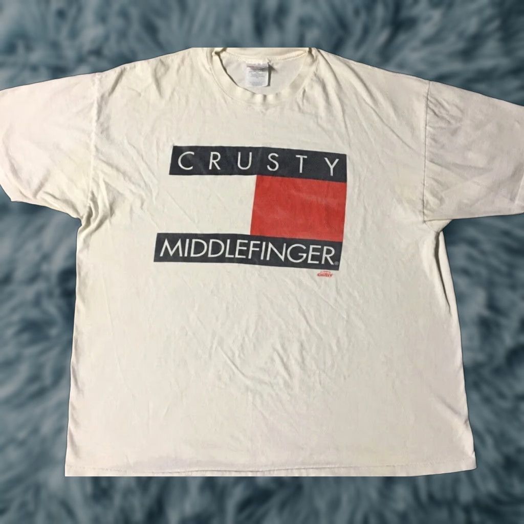 Vtg 90s Crusty Middle Finger Faded Tommy Flag Shirt XXL Funny Crude Joke Grunge Shirt Mens 2XL White USA Parody Distressed Style
