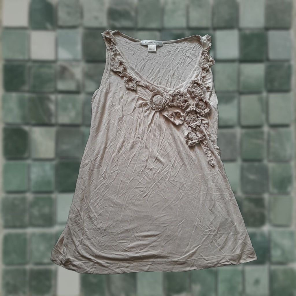 Vintage August Silk Sleeveless Floral Shirt Womens Top S Small Beige Pajama Top Size S / US 4 / IT 40 - 1 Thumbnail