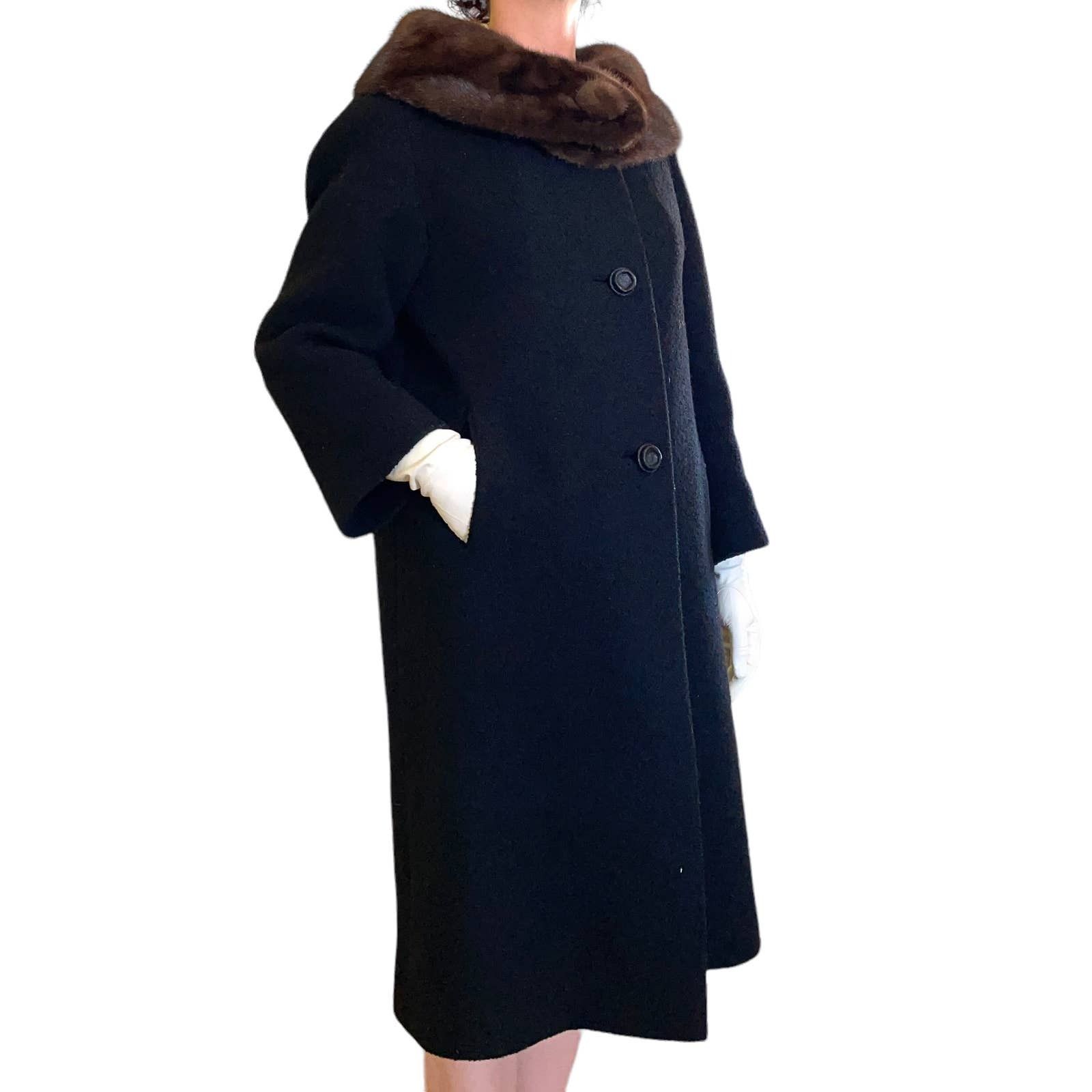 Vintage Mink Fur Collar Black Wool ILGWU Dress Coat Size S/M