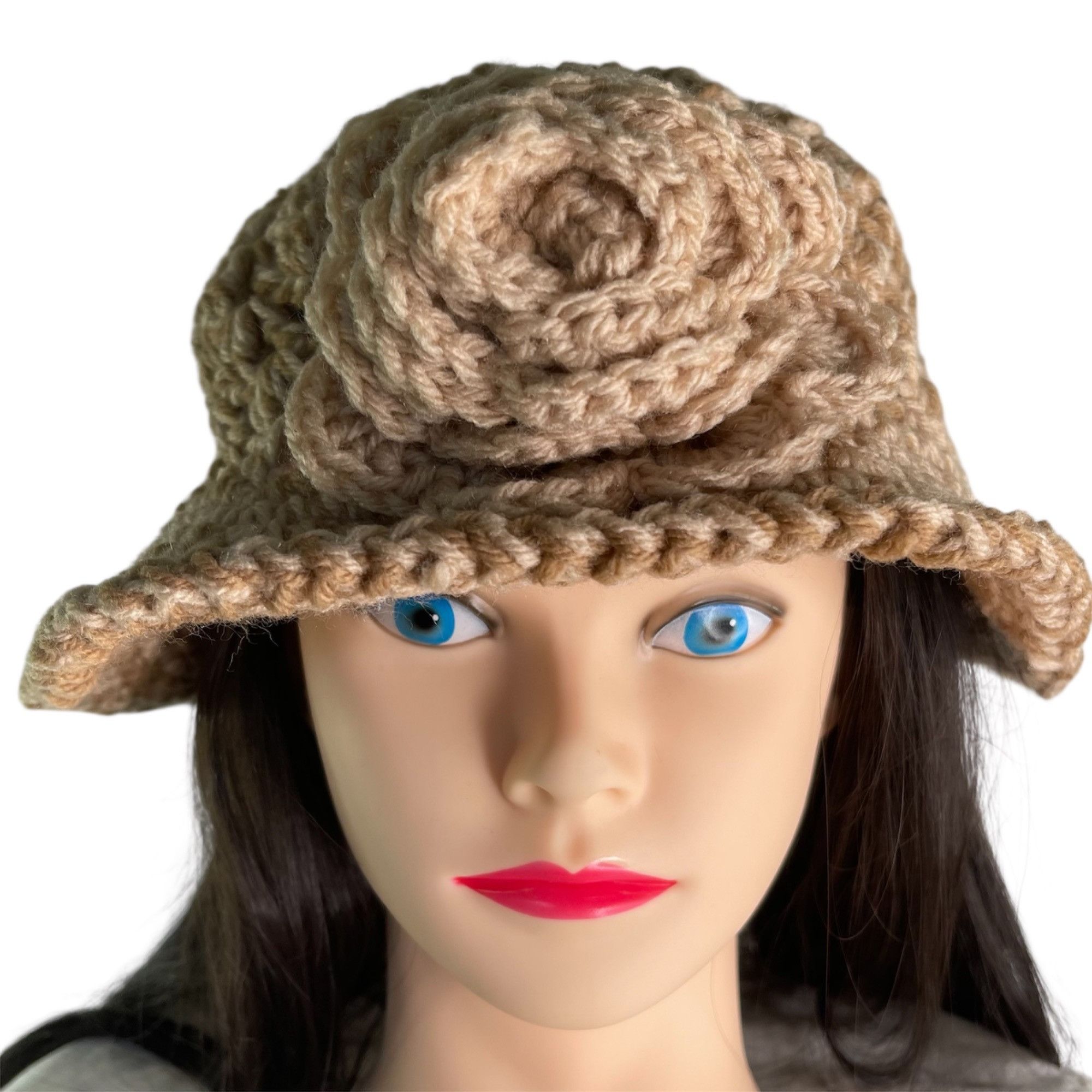 Handmade Crochet Bucket Hat Fancy Retro Cloche Style Tan Handmade Adu Size ONE SIZE - 2 Thumbnail