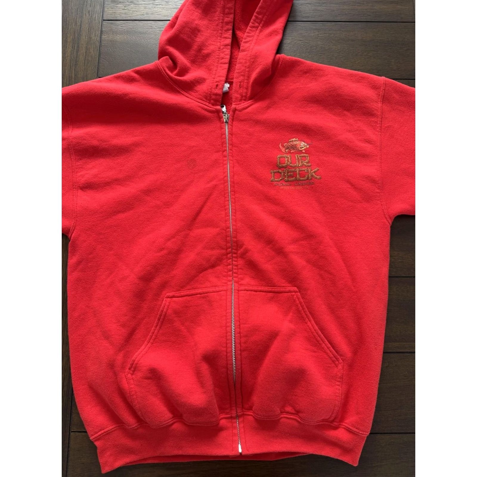Gildan Hoodie Mens Large Red Full Zip Graphic Port Orange FL Fishing Our Deck Down Under Size US L / EU 52-54 / 3 - 6 Thumbnail
