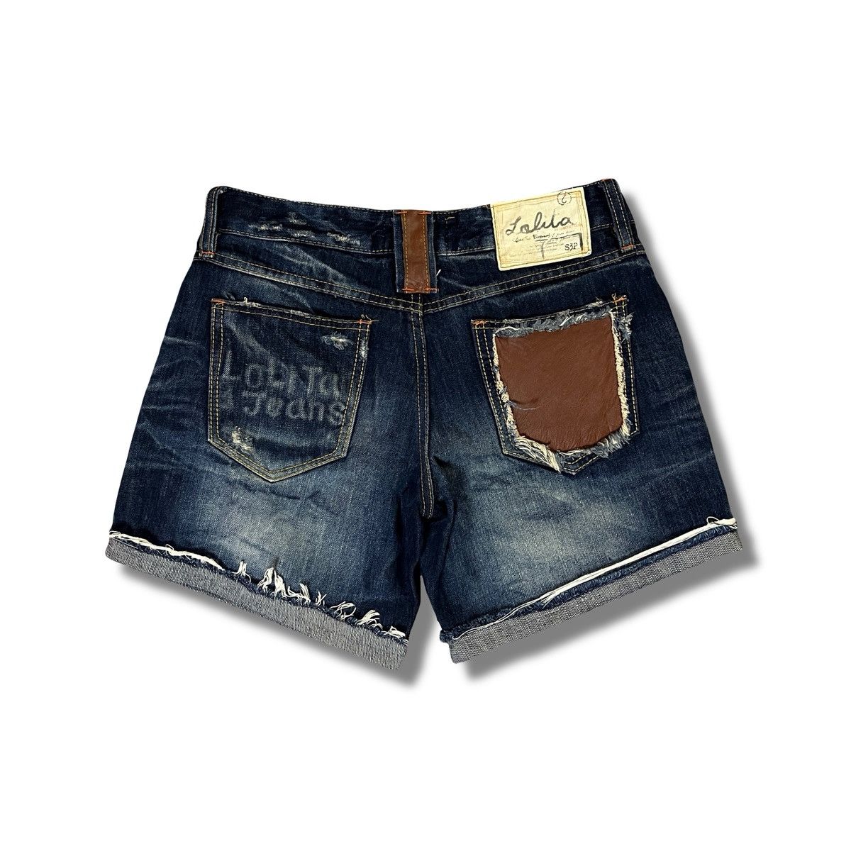 Japanese Brand 2000s Lolita Jeans - Distressed y2k Shorts Leather Pocket Size 33" - 1 Thumbnail