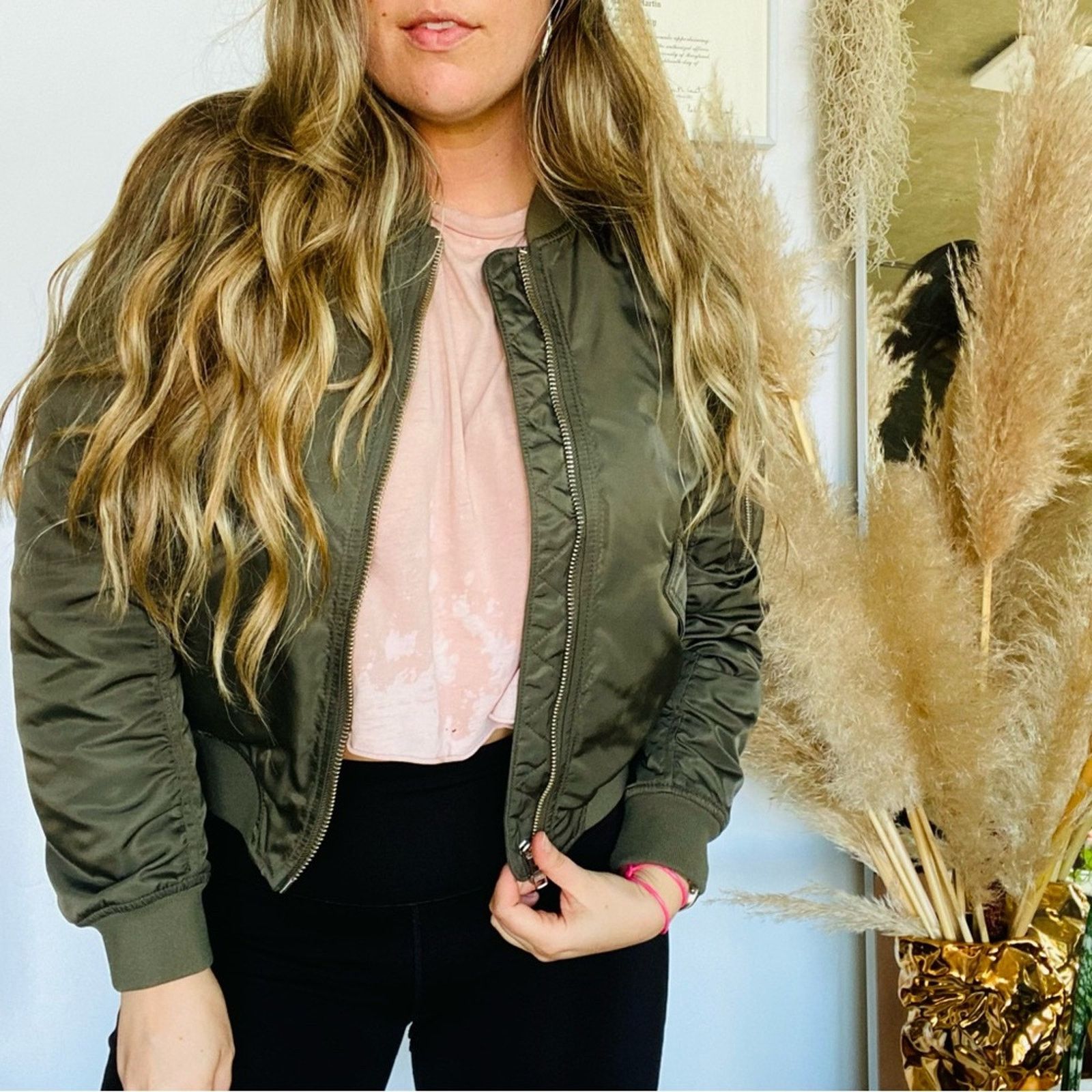 ARITZIA TALULA Army Olive Green Silky Zip Bomber Jacket Coat