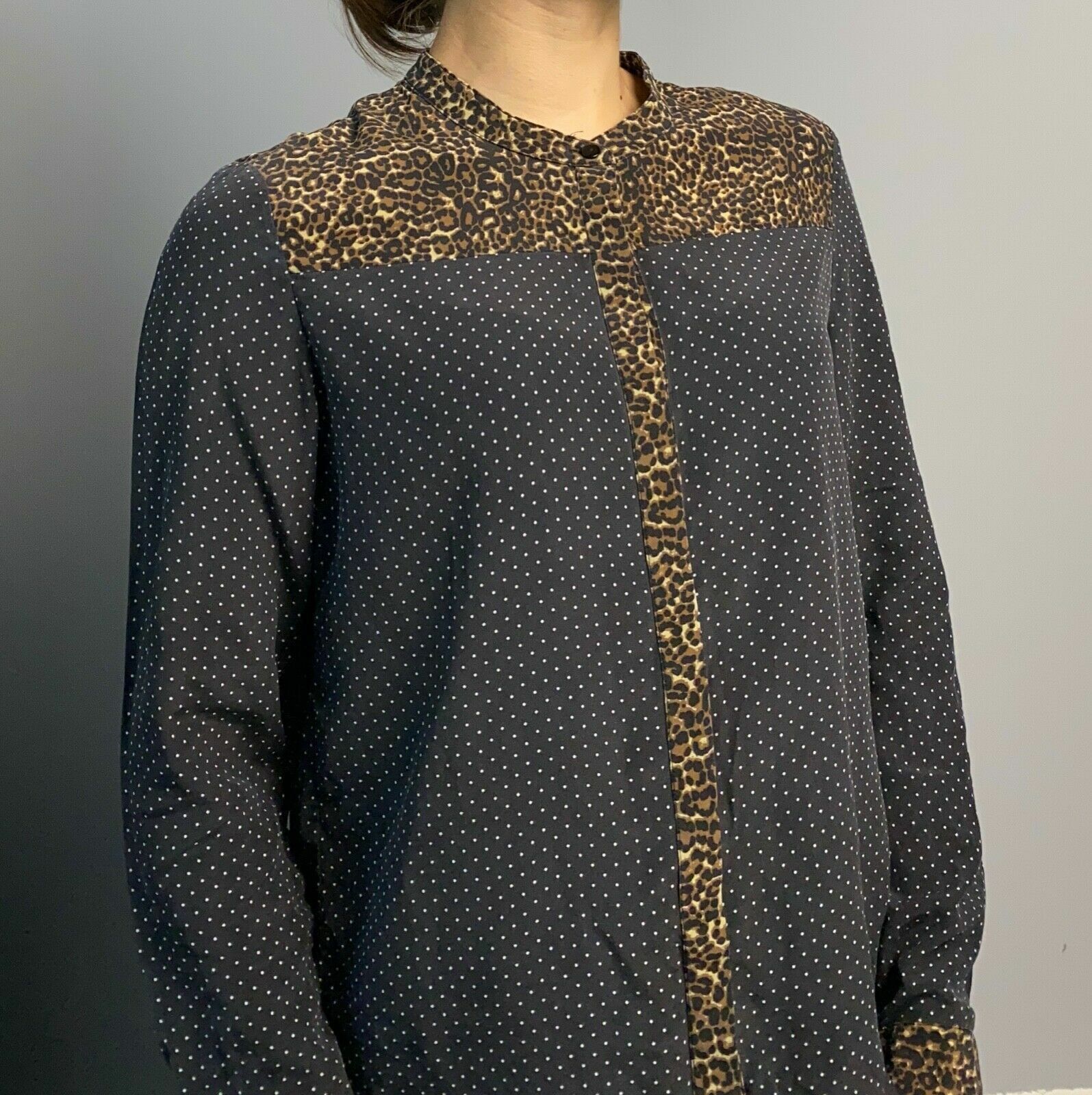 The Kooples The Kooples Polka Dot Leopard Print Blouse Silk Top Size S