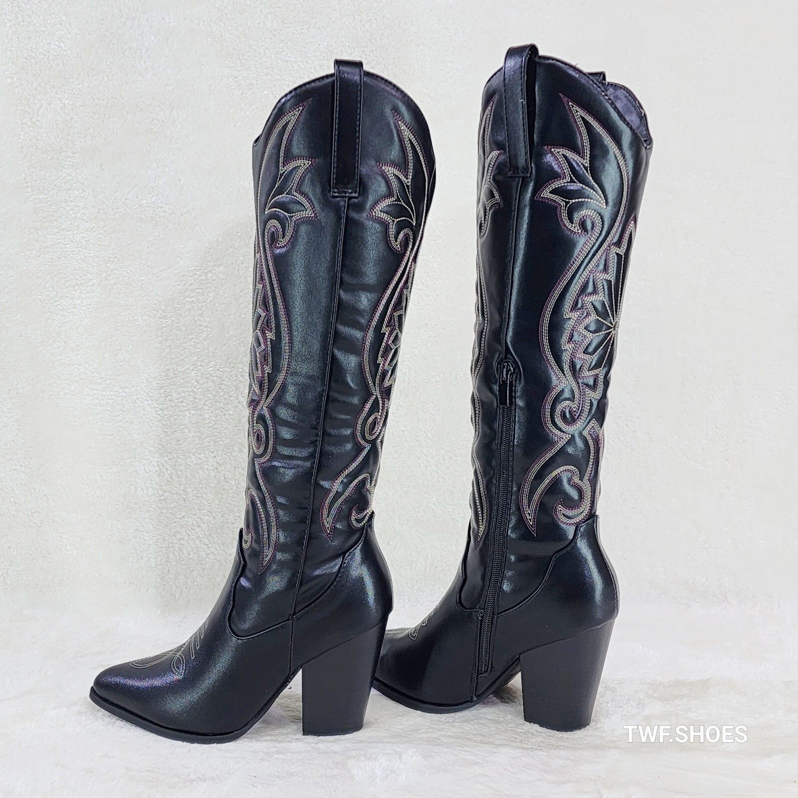 Other Ride On Black Country Western Cowgirl Knee Boots (US Shoe Si Size US 8.5 / IT 38.5 - 3 Thumbnail