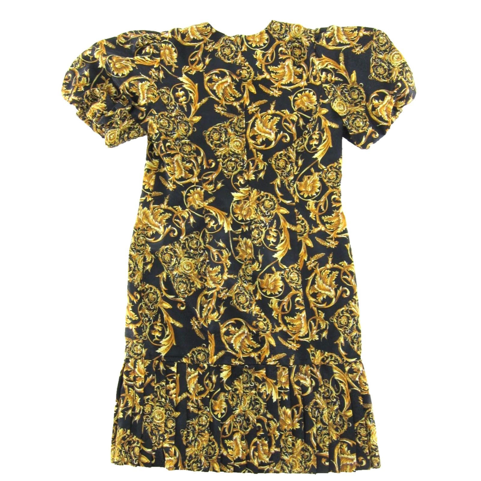 Vintage VINTAGE Liz Roberts Petites Black Gold Floral Puff Sleeve Pleat Shift Dress 12P Size XL / US 12-14 / IT 48-50 - 2 Thumbnail