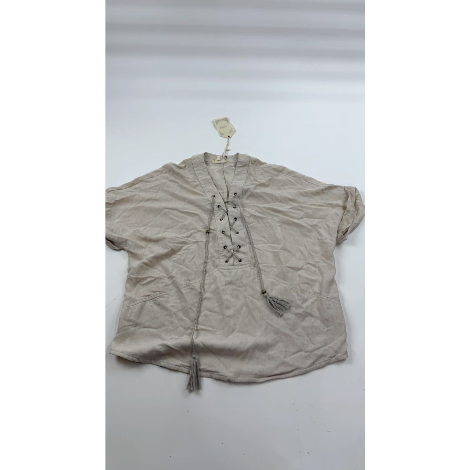 Vintage VINTAGE N/A Women's Blouse Shirt Large Beige Boho Tassel Lace Up V-Neck Cotton Tunic Summer Festival Size L / US 10 / IT 46 - 2 Thumbnail